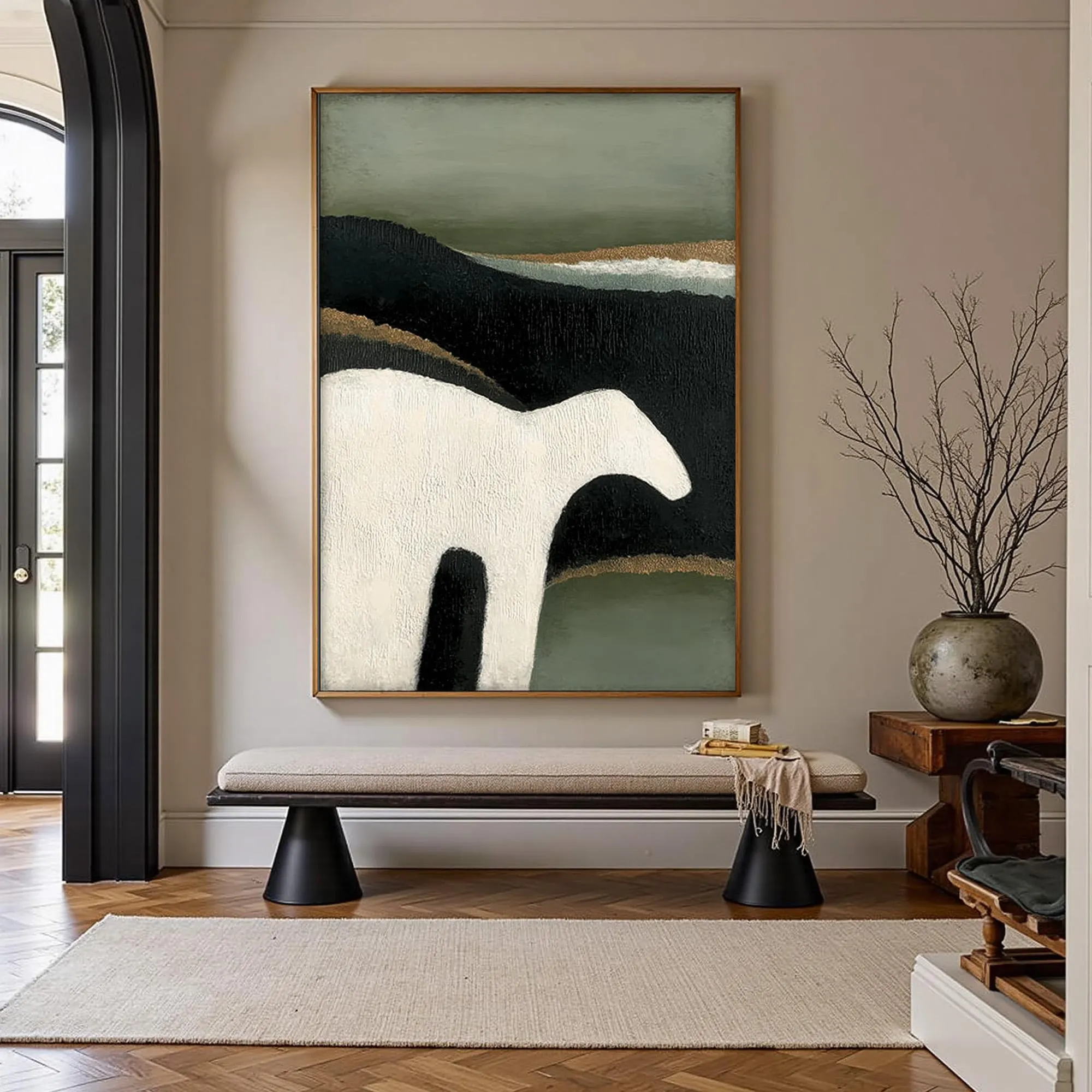 Geometric Horse Abstract Oil Painting - Black and White Minimalist Head Down