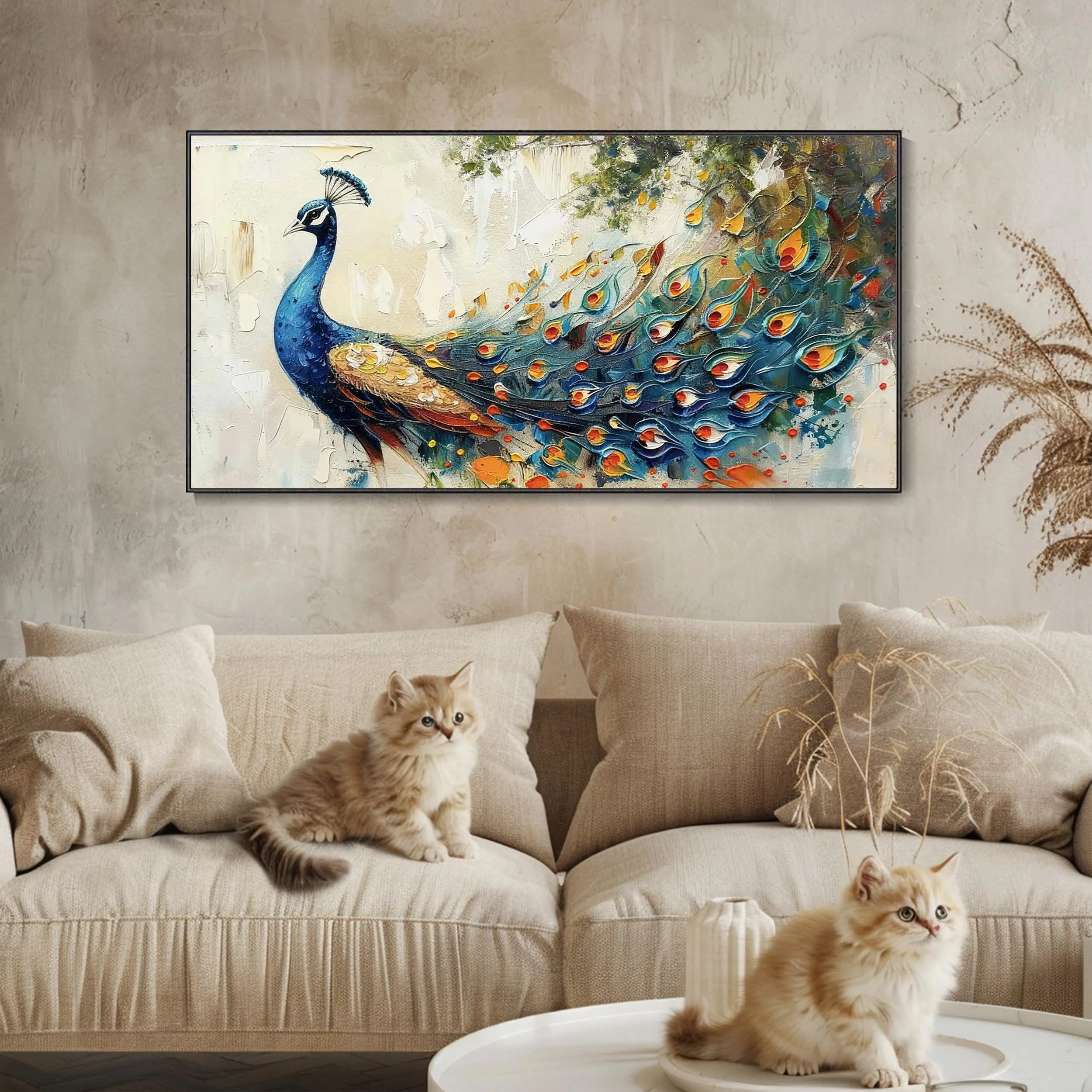 Original Hand-Painted Peacock Oil on Canvas - Avian-Themed Wall Art