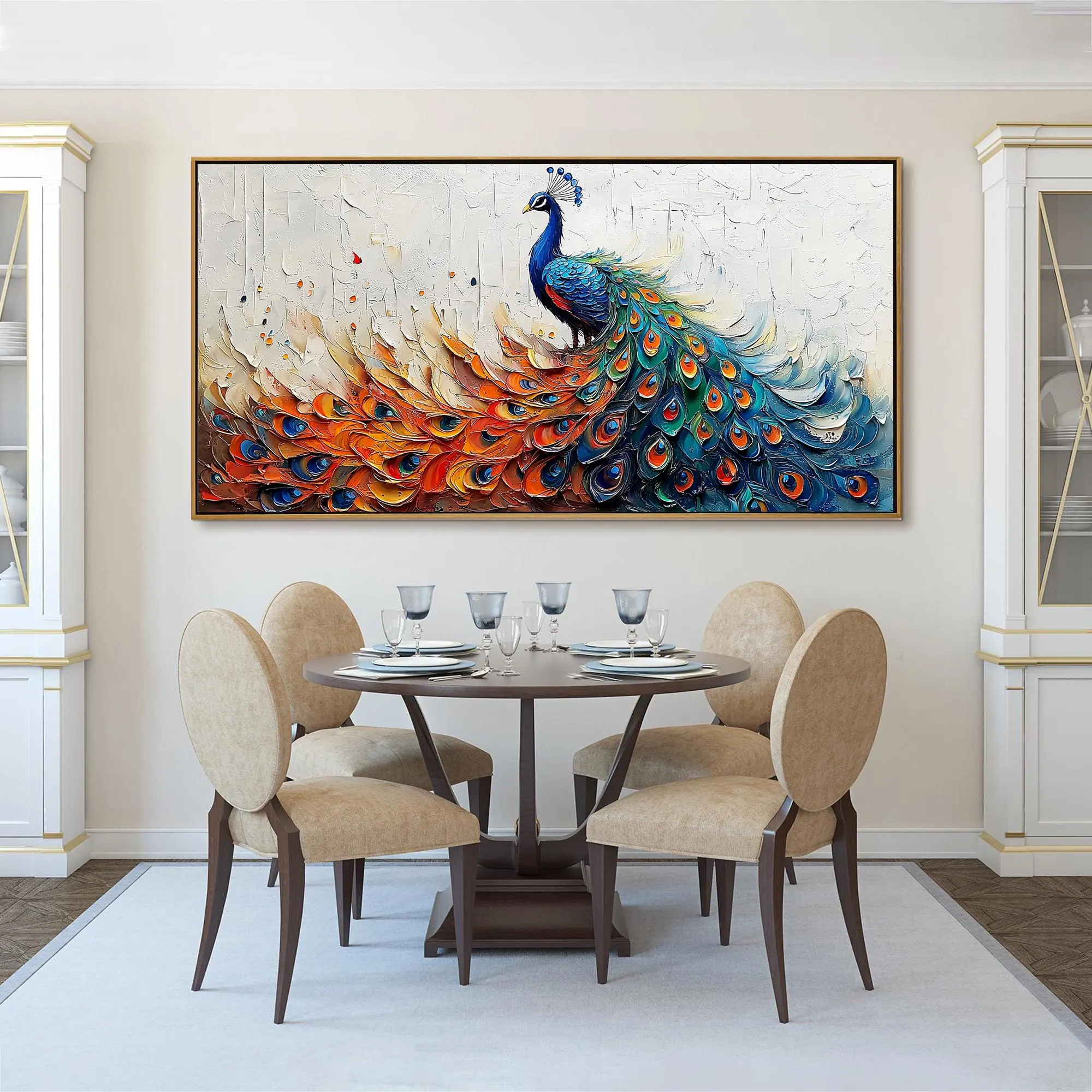 Canvas-Textured Peacock Oil Painting - Large Abstract Bird Wall Art