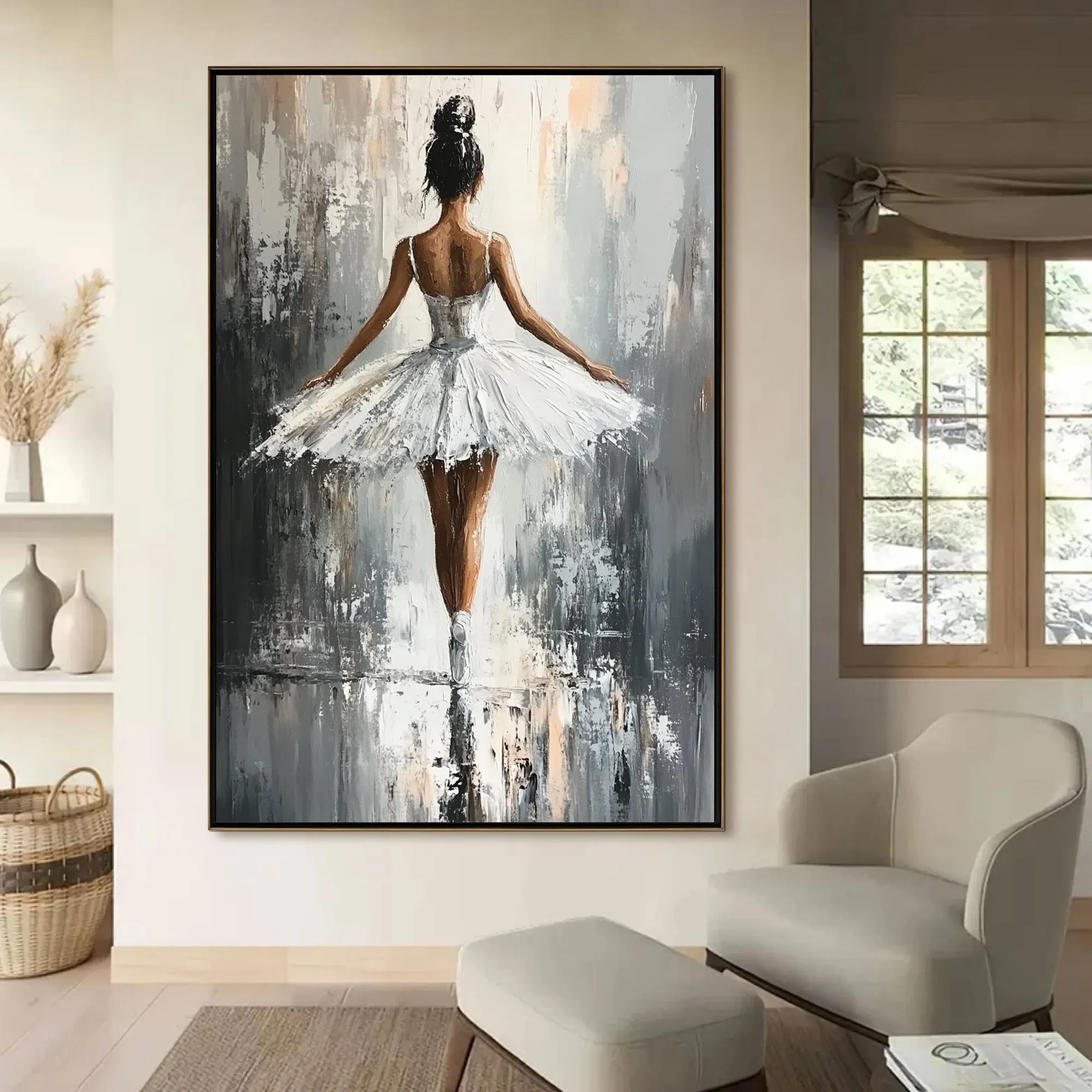 Abstract and Elegant Ballet Dancer Oil Painting - Original White Textured Dancer Wall Art