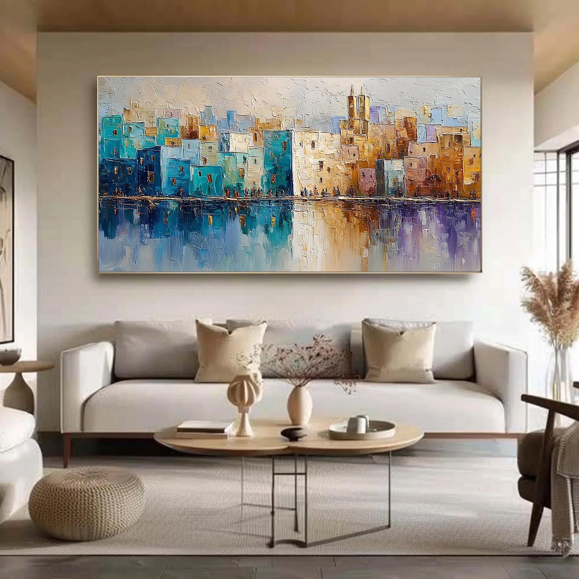 Vibrant Waterside Cityscape Painting, Colorful European Architecture with Mirror Lake Reflection