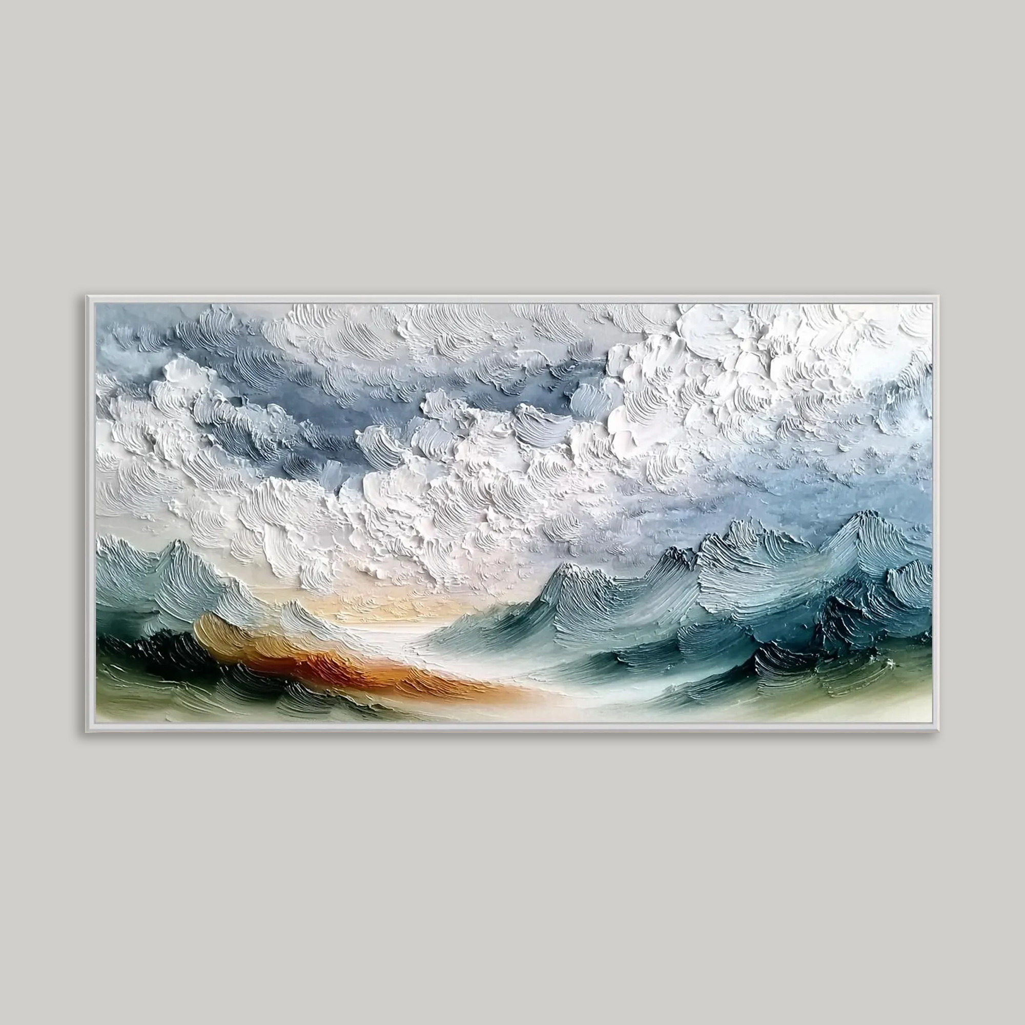 Textured Sky and Ocean Painting, Impasto Cloud and Wave Art in Blue White with Sunset Glow