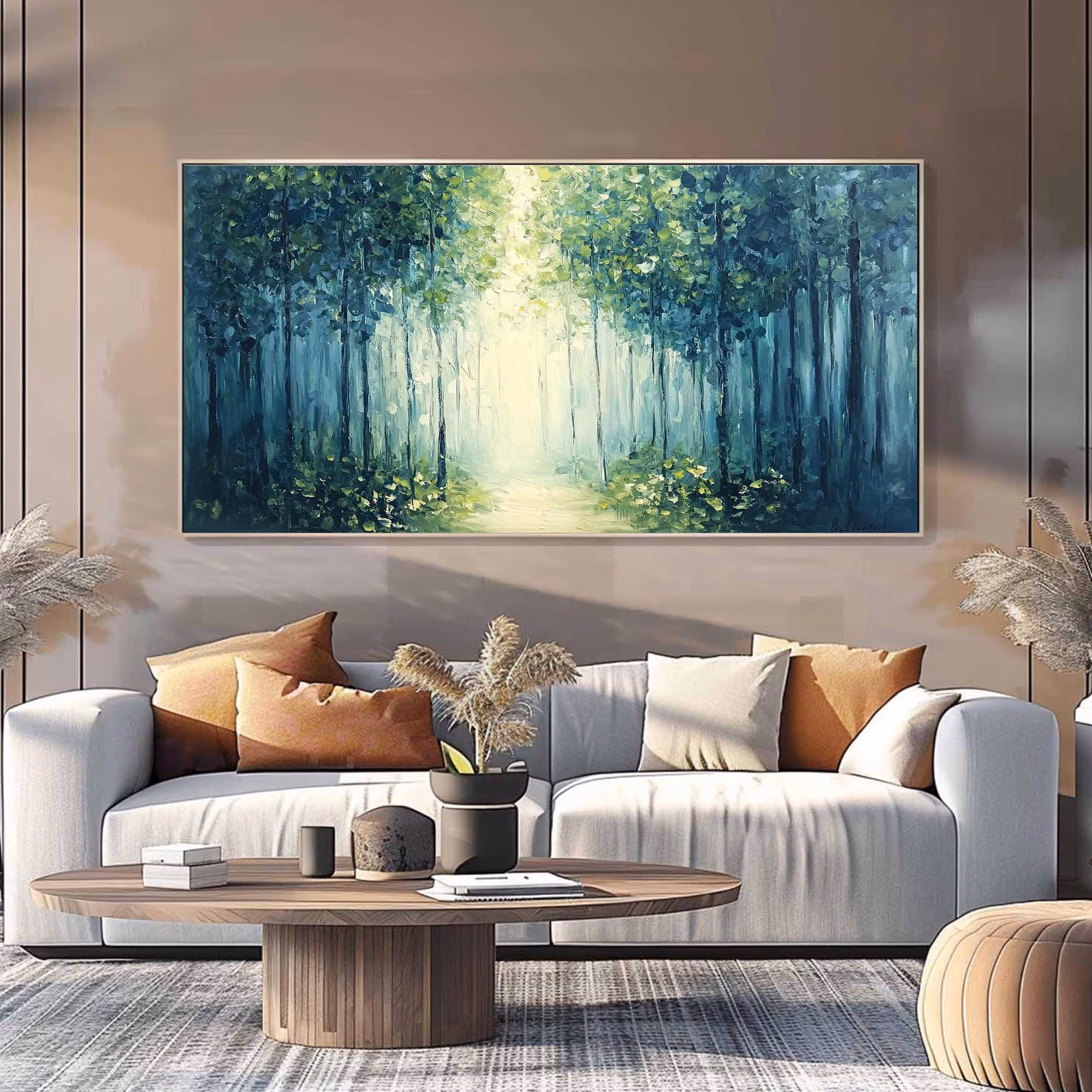 Green Forest Oil Painting - Large-Scale Abstract Tree Wall Art