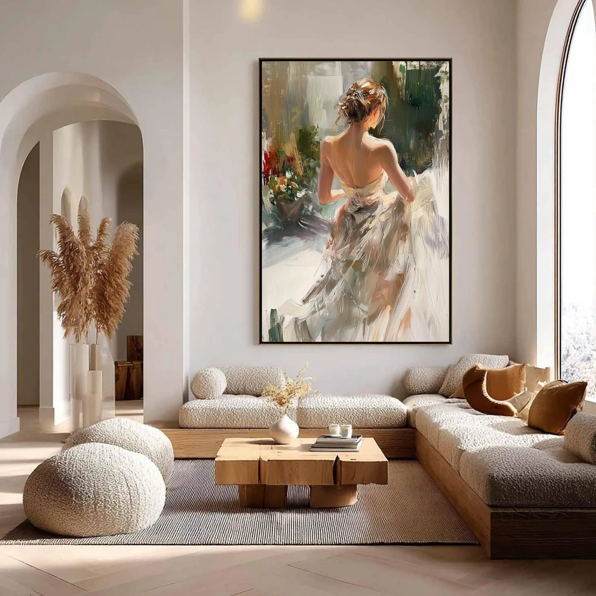Woman From Back Painting, Impressionist Figurative Art, Neutral Bedroom Decor, Large Romantic Textured Wall Art