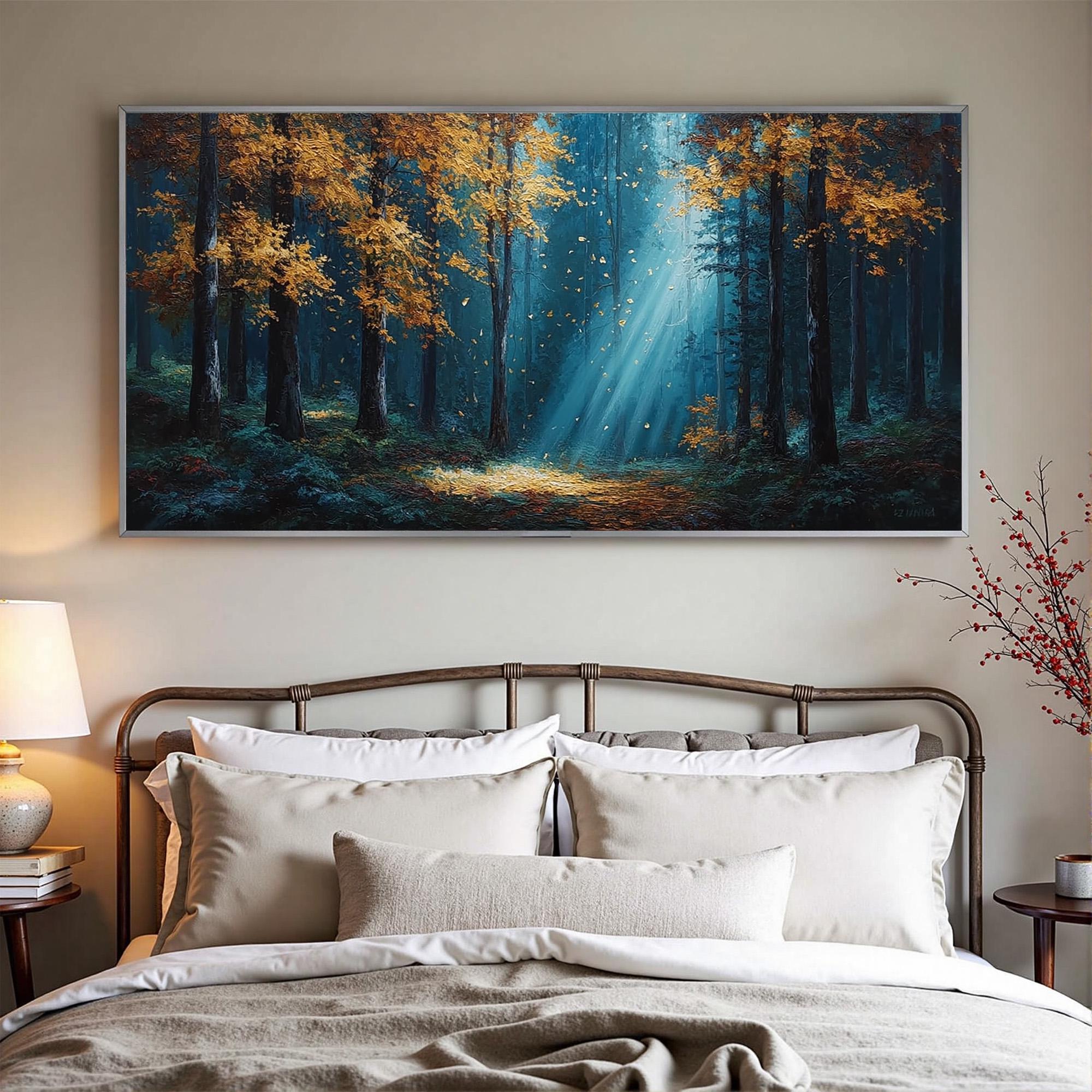 Forest Oil Painting - A Textured Landscape of Trees Bathed in Golden Autumn Sunlight
