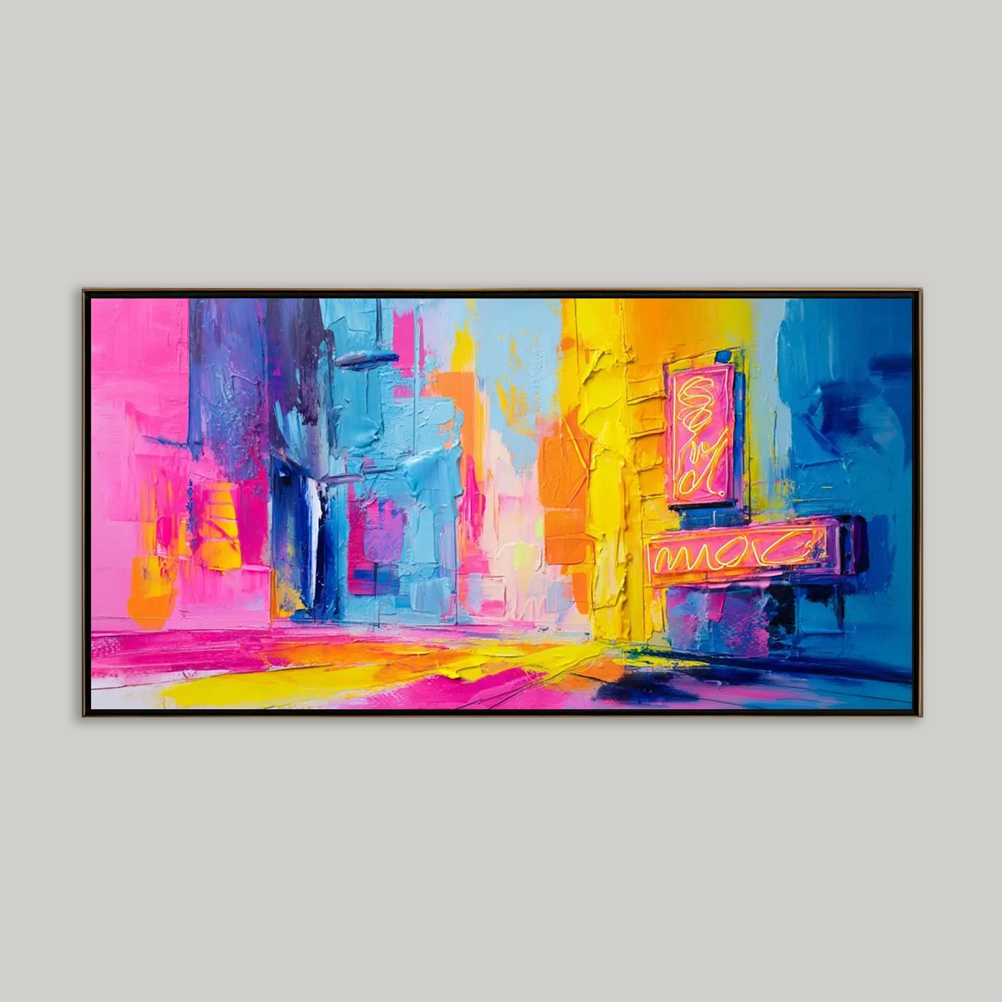 Hand-Painted Abstract Street Neon City Oil Painting - Urban Nightscape Decor