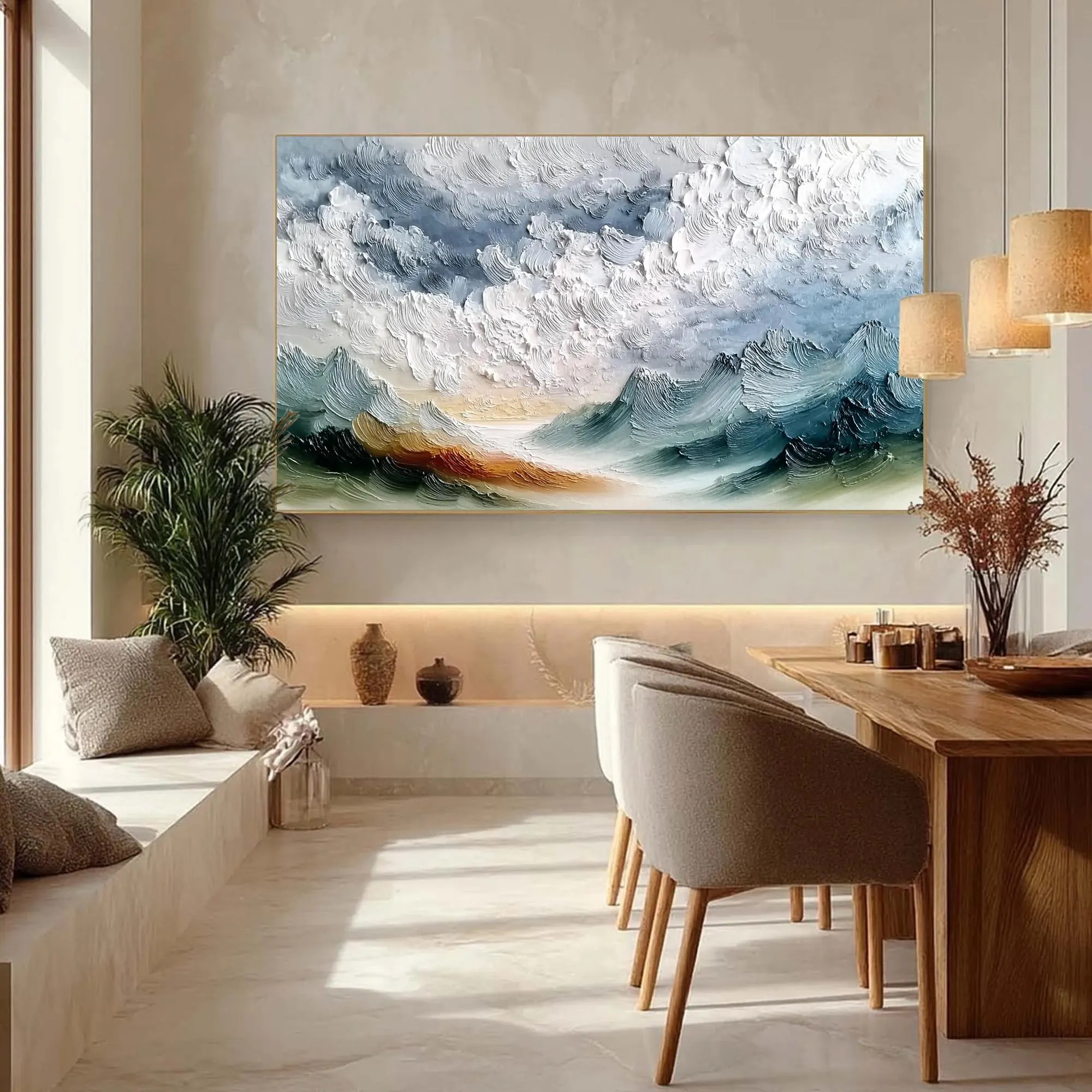 Textured Sky and Ocean Painting, Impasto Cloud and Wave Art in Blue White with Sunset Glow