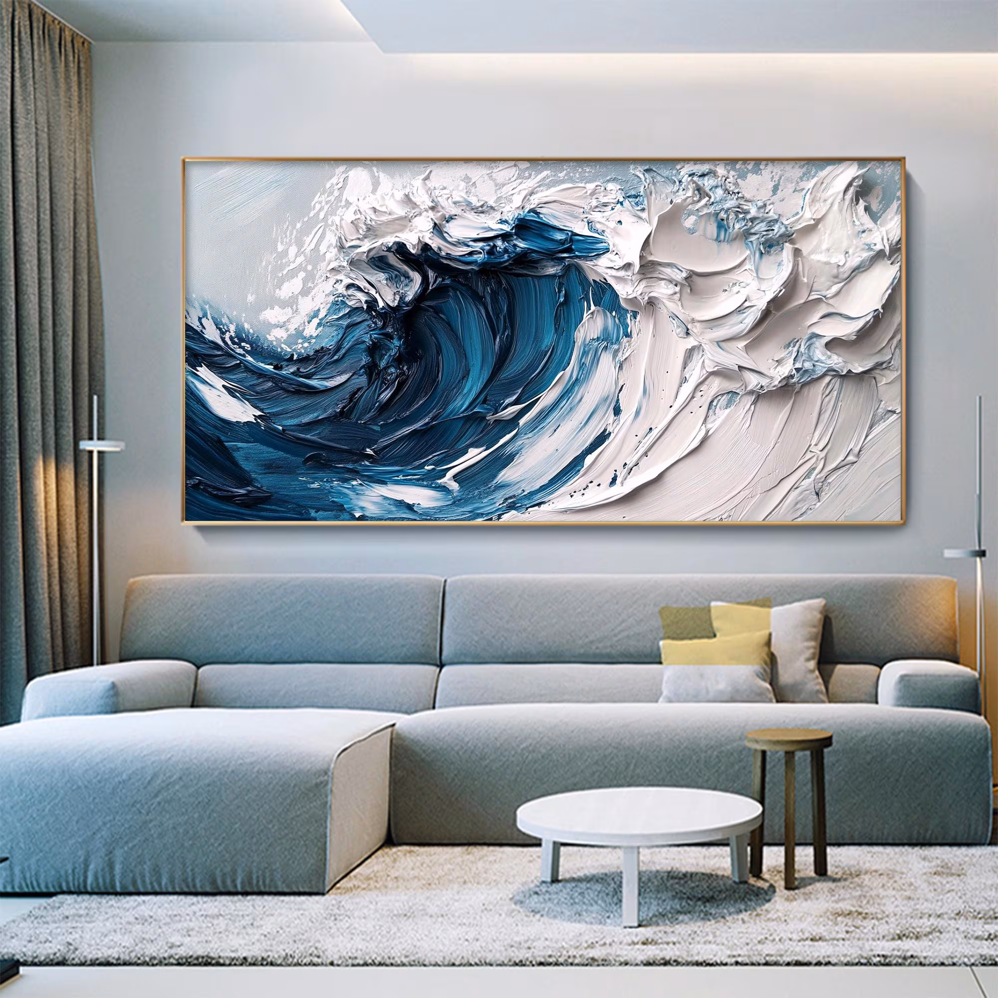 Minimalist Beach Oil Painting - Textured Blue Waves