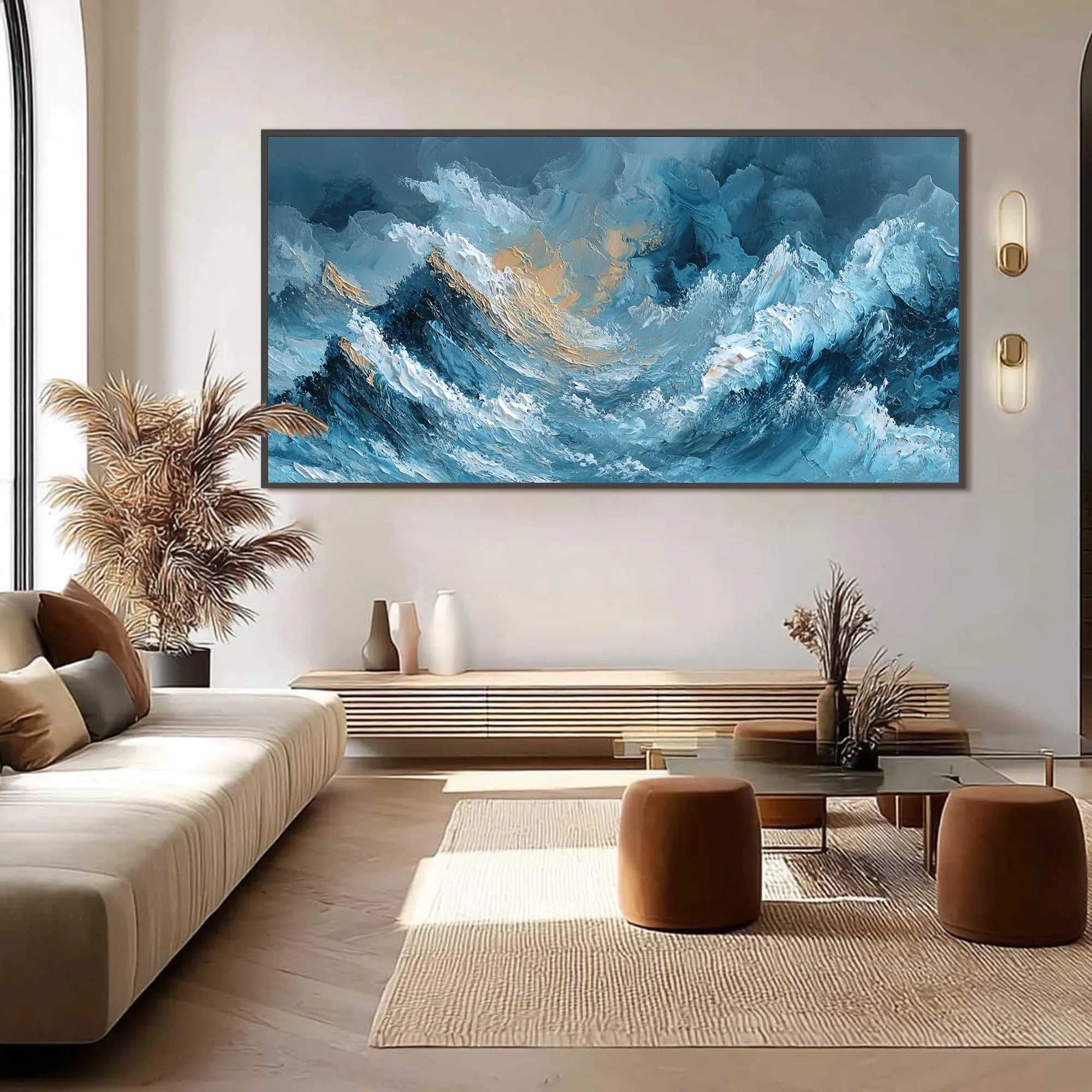 Large Abstract Ocean Painting, Textured Blue Wave Wall Art, Coastal Impasto Seascape, Modern Living Room Decor