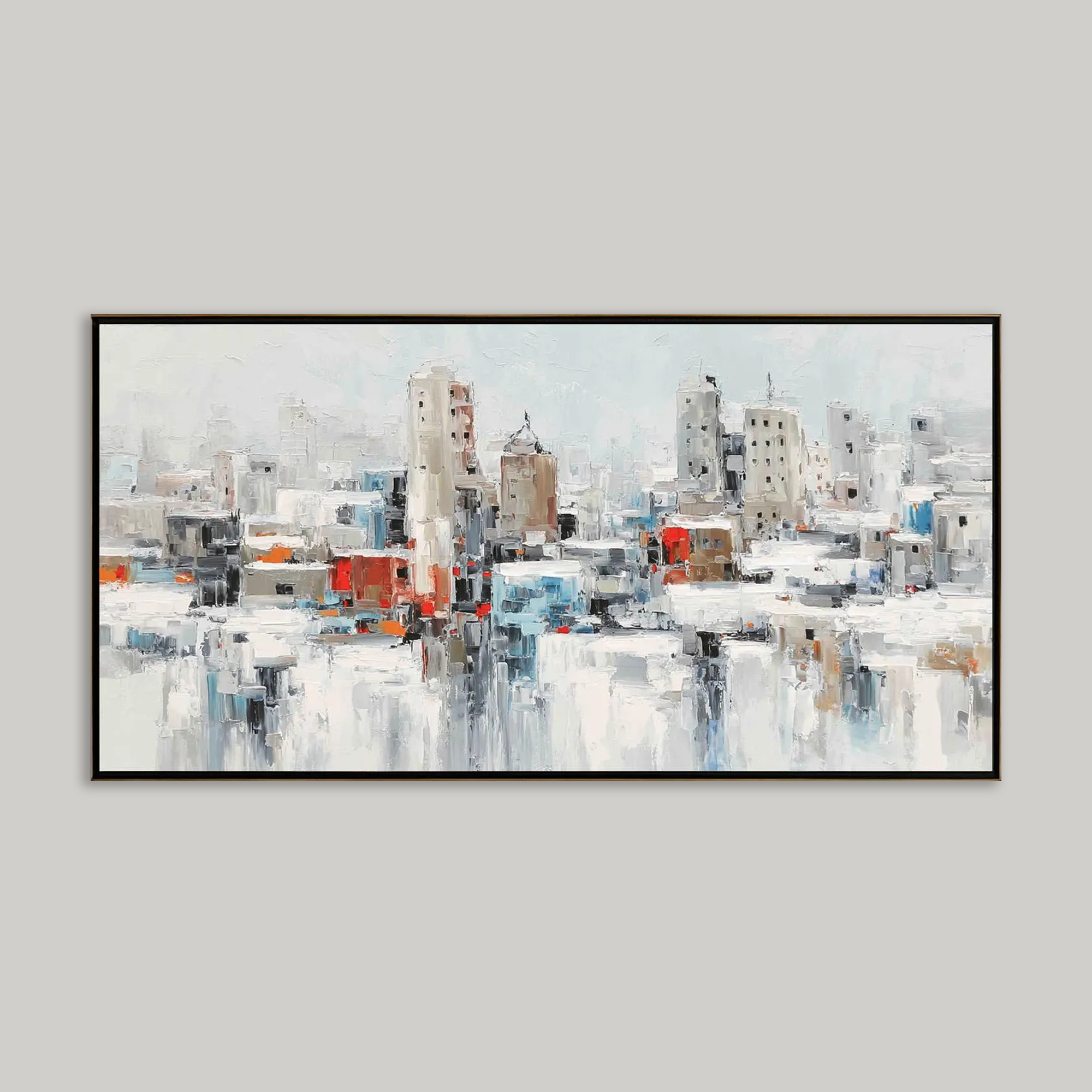 Textured Cityscape Painting, Abstract Urban Wall Art, Large Modern Palette Knife Art, White and Grey Canvas Art