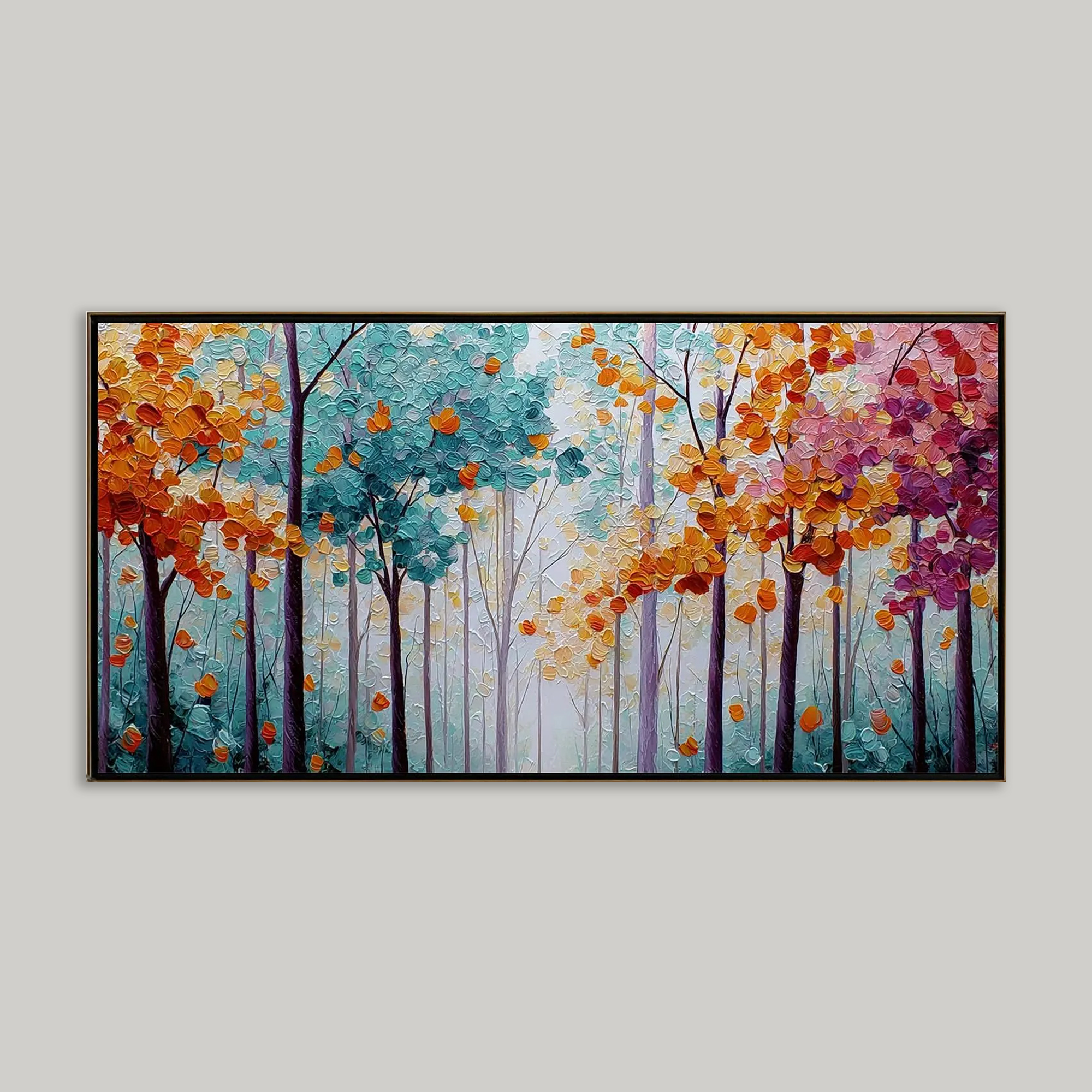Large-Scale Birch Tree Oil Painting - Colorful Autumn Leaves Wall Art