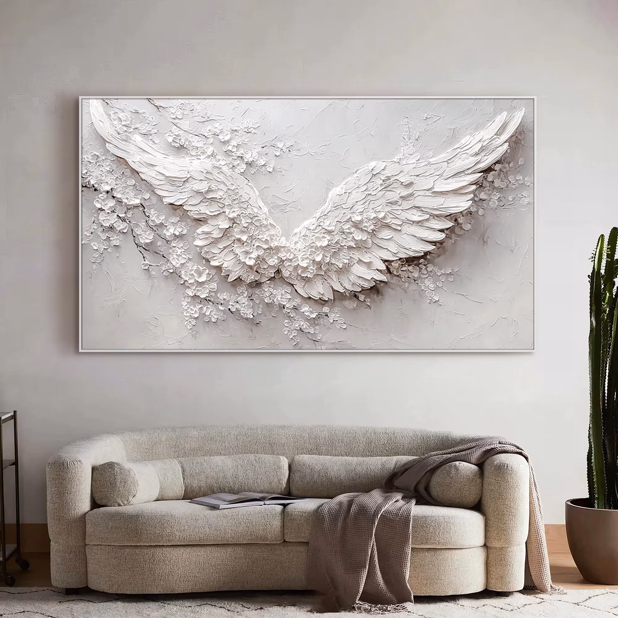 Angel Wings Textured Wall Art - White Floral Abstract Wall Decor