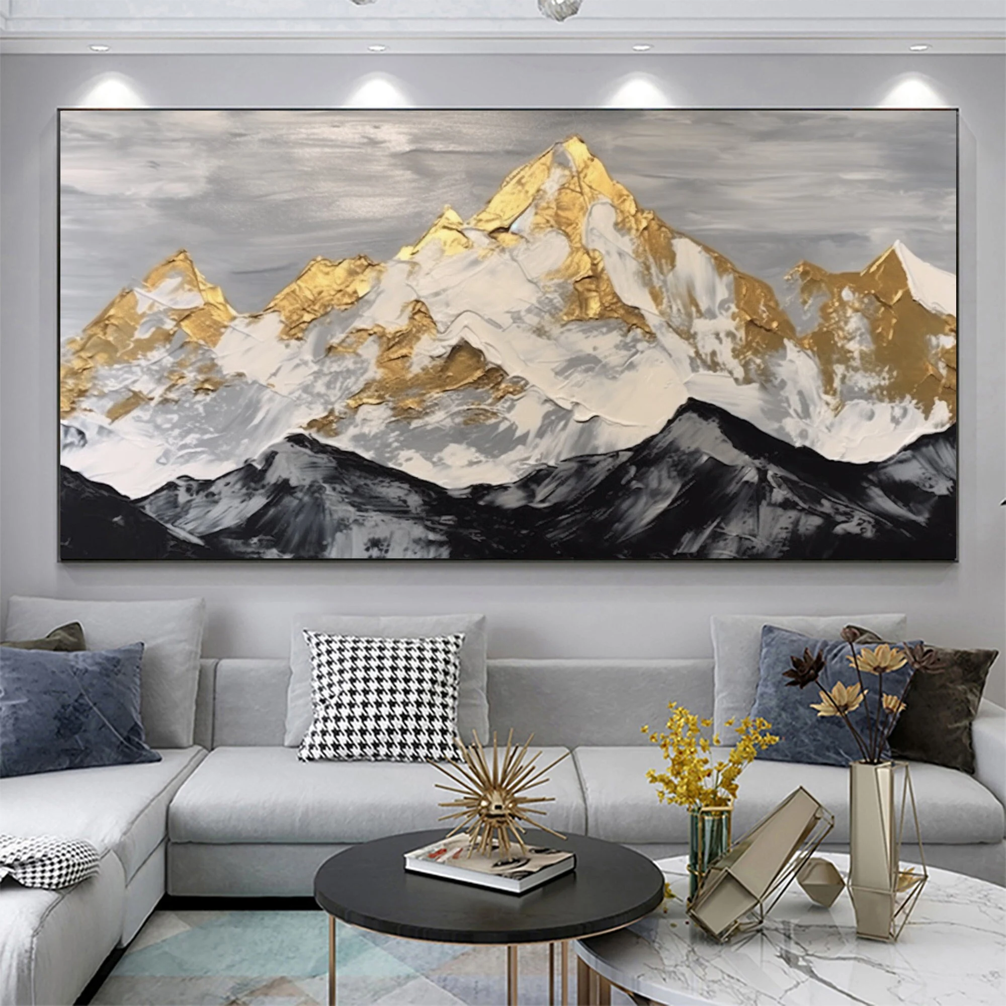 Original Canvas Oil Painting Golden Mountain Landscape - Living Room Wall Art