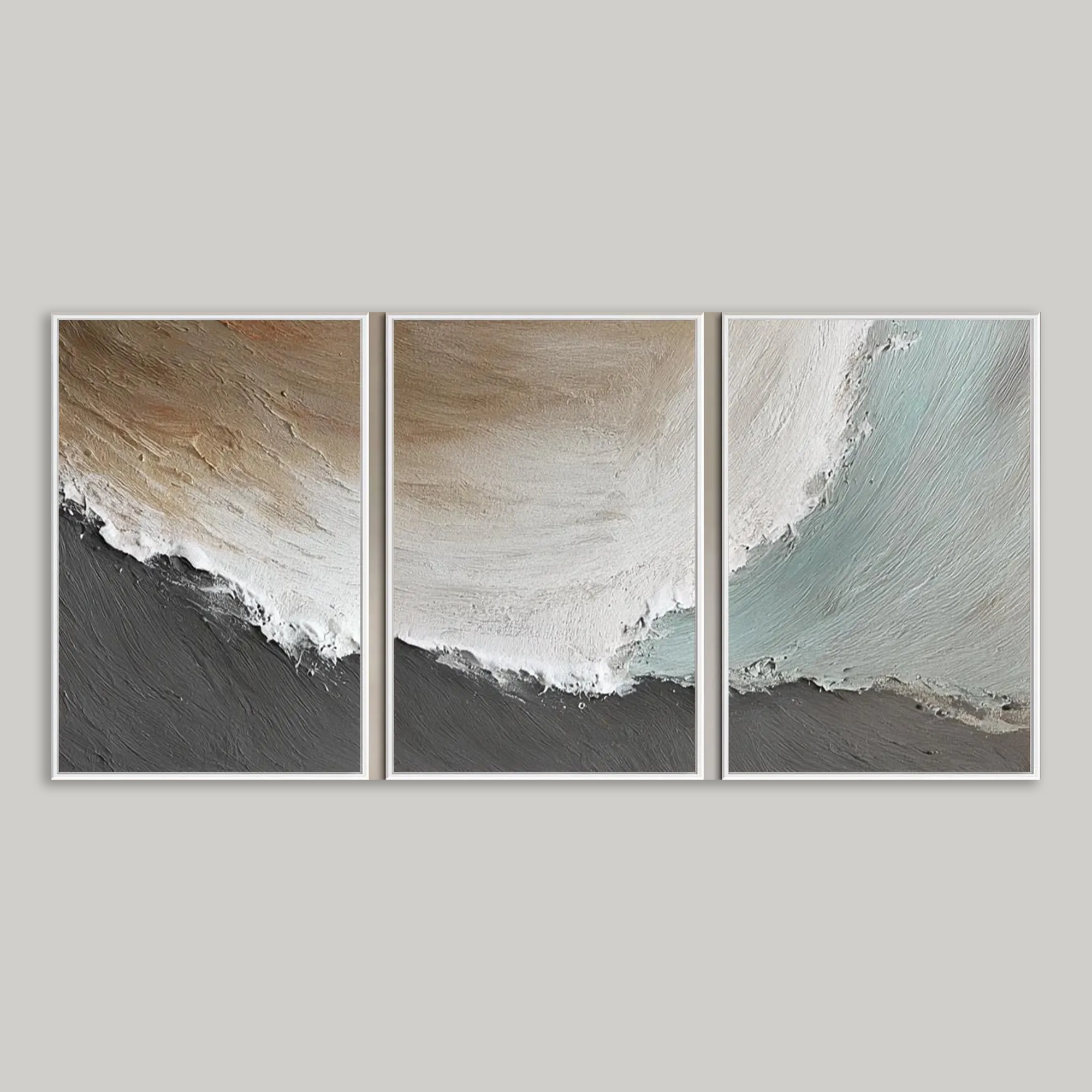 Triptych Wall Art Set of 3, Large Textured Seascape Painting, Neutral Coastal Art, 3D Ocean Wave Painting