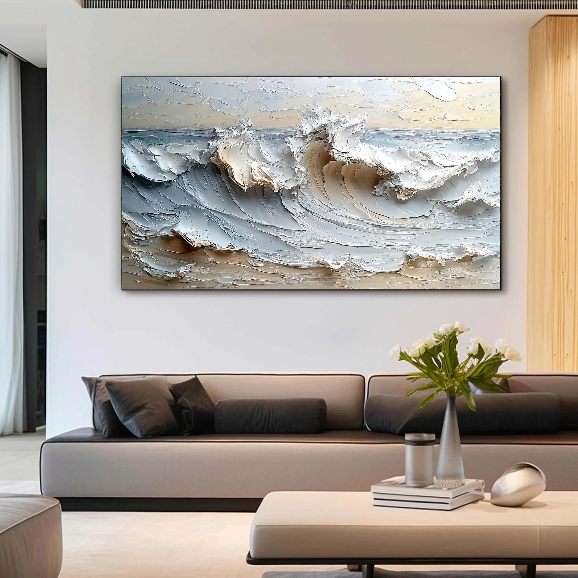 White Ocean Wave Painting on Canvas,Abstract Impasto Texture Painting,Large Canvas Art, Luxury Wall Art