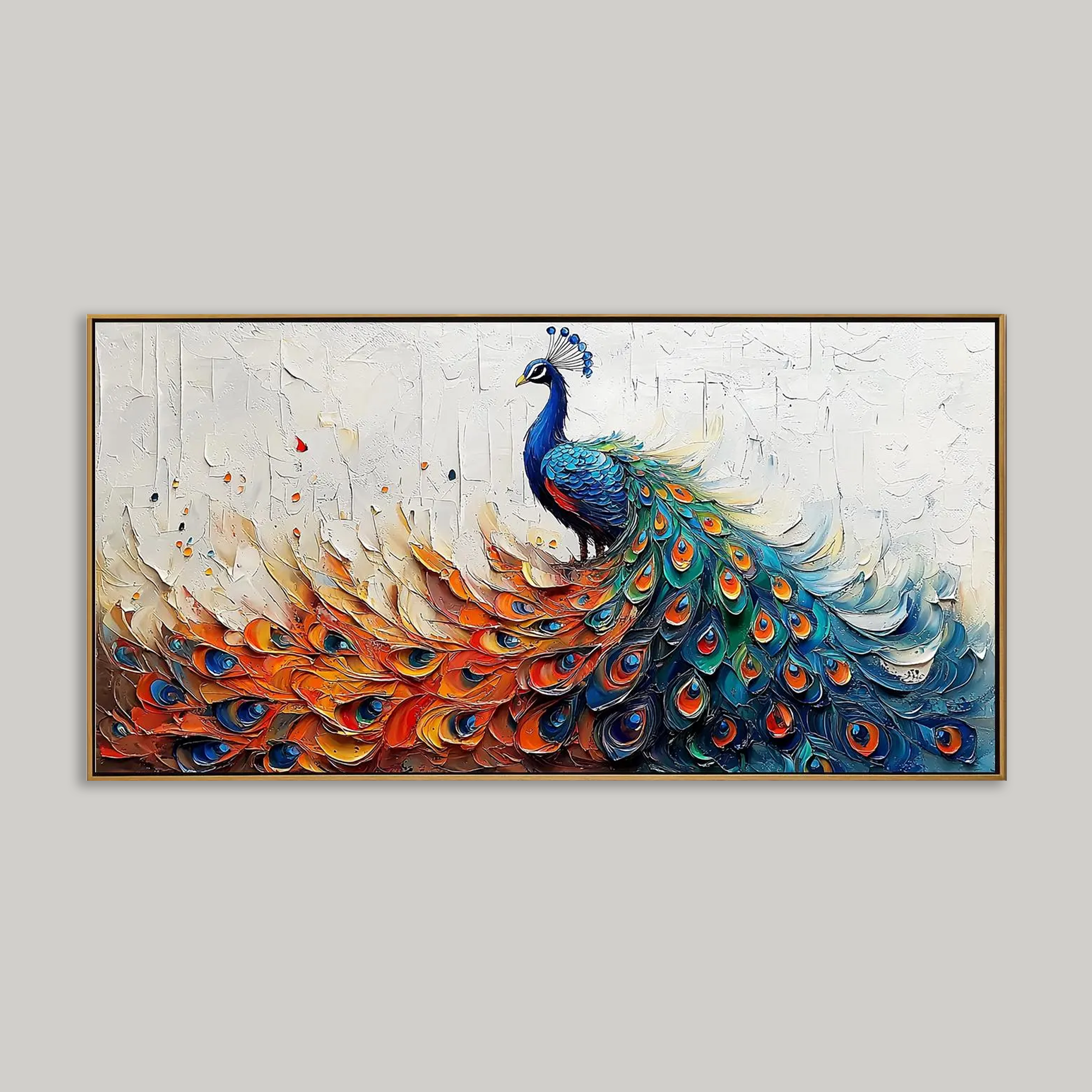 Canvas-Textured Peacock Oil Painting - Large Abstract Bird Wall Art