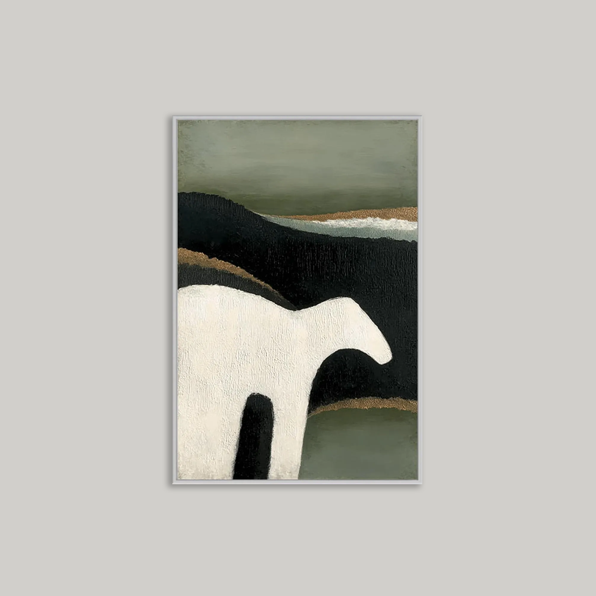Geometric Horse Abstract Oil Painting - Black and White Minimalist Head Down
