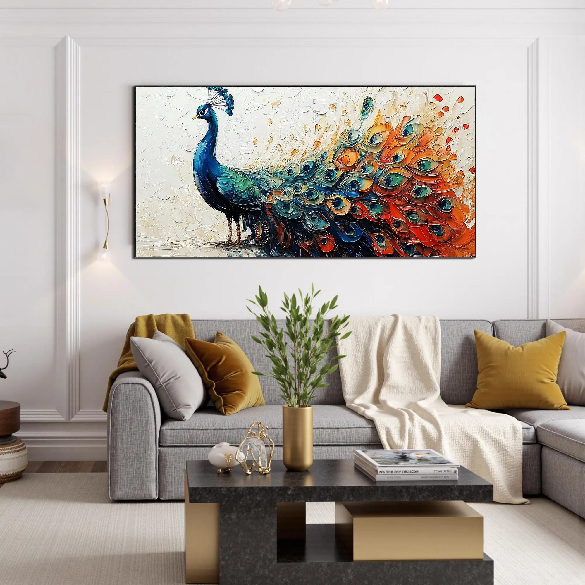 3D Peacock Texture Wall Art – Vividly Colored Bird Canvas Oil Painting