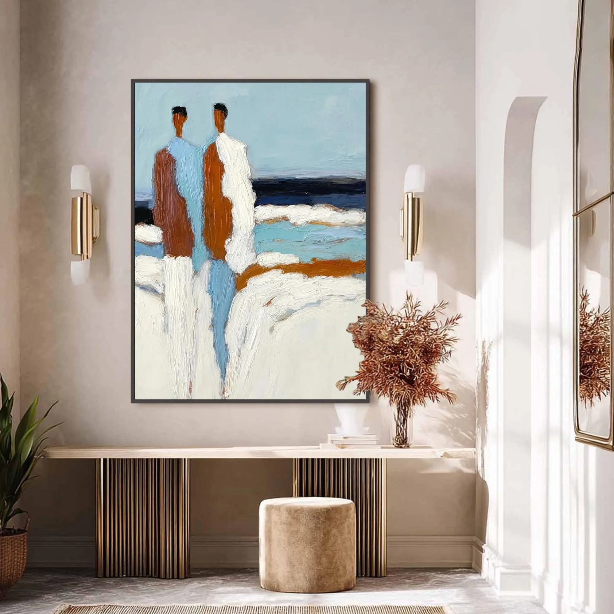 Coastal Couple Oil Painting - A Textured Seascape and Figurative Wall Art