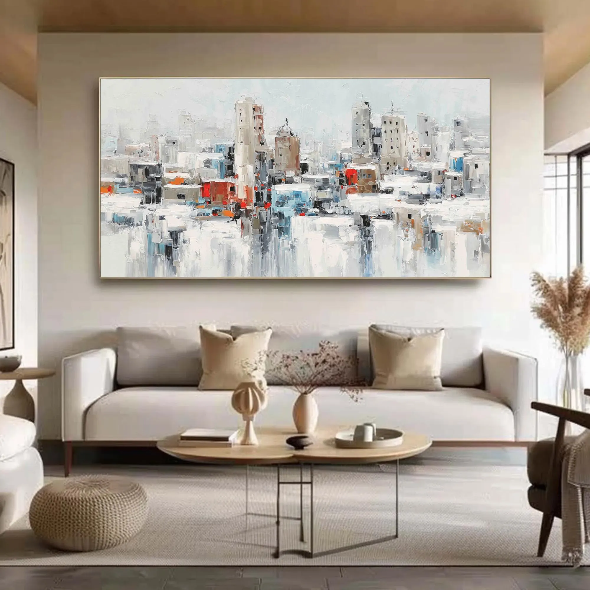 Textured Cityscape Painting, Abstract Urban Wall Art, Large Modern Palette Knife Art, White and Grey Canvas Art