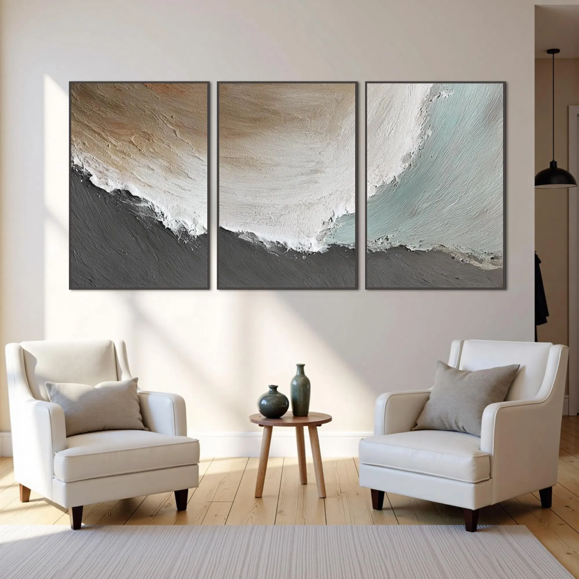 Triptych Wall Art Set of 3, Large Textured Seascape Painting, Neutral Coastal Art, 3D Ocean Wave Painting