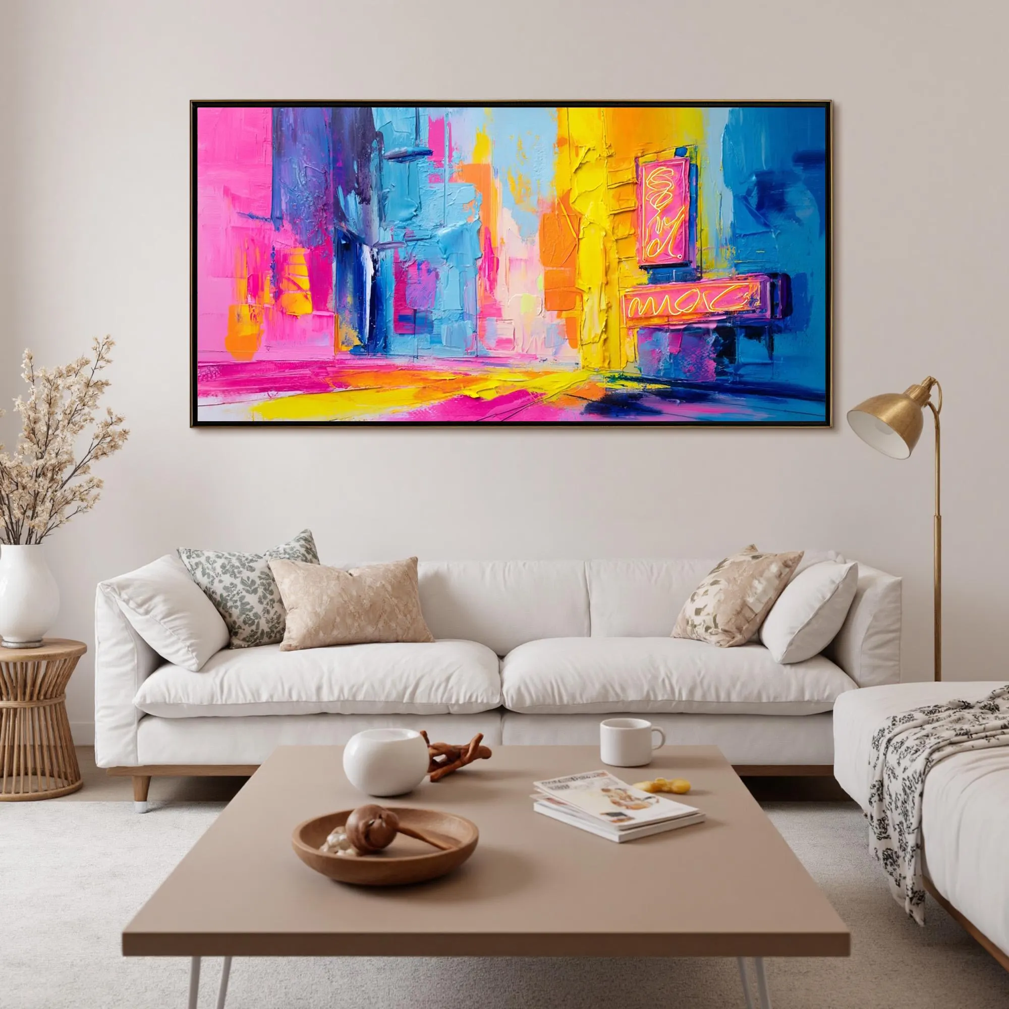 Hand-Painted Abstract Street Neon City Oil Painting - Urban Nightscape Decor