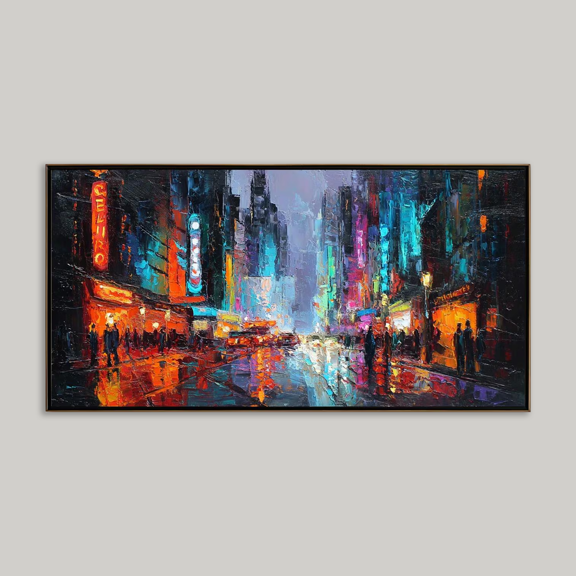 Abstract Neon City Rainy Night Textured Oil Painting - Modern Streetscape Canvas Art