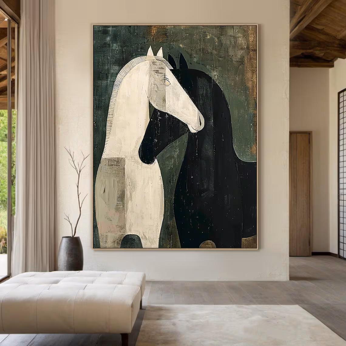 Modern Abstract Horse Oil Painting - Black and White Minimalist Art