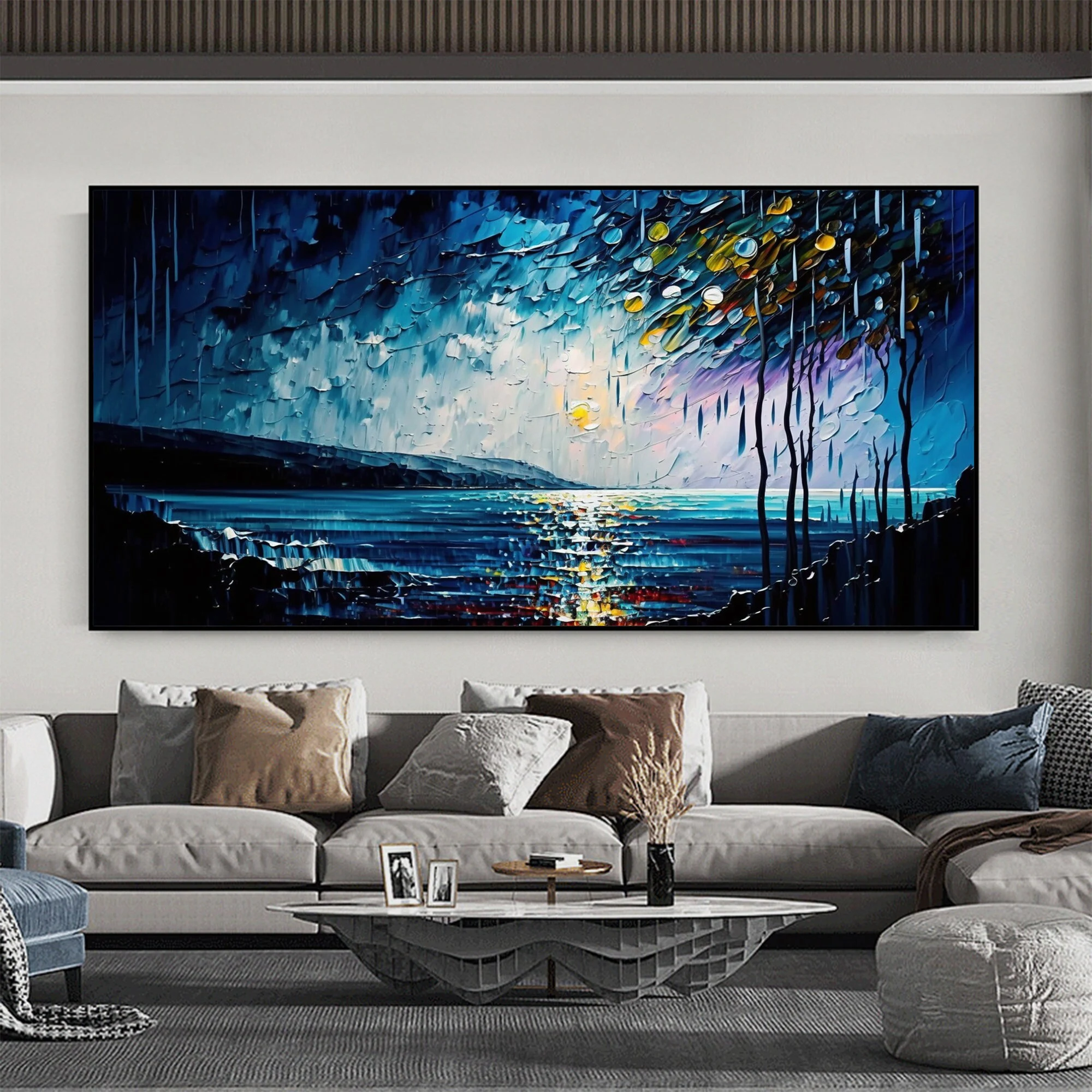 Abstract Blue Seascape Oil Painting - Living Room Wall Decor