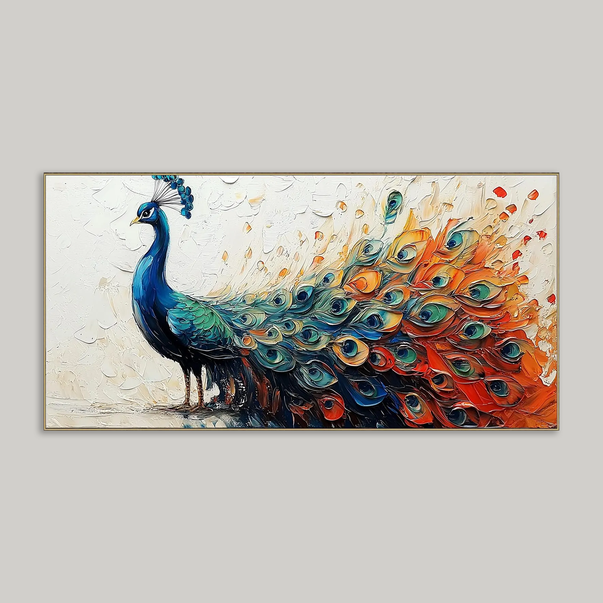 3D Peacock Texture Wall Art – Vividly Colored Bird Canvas Oil Painting