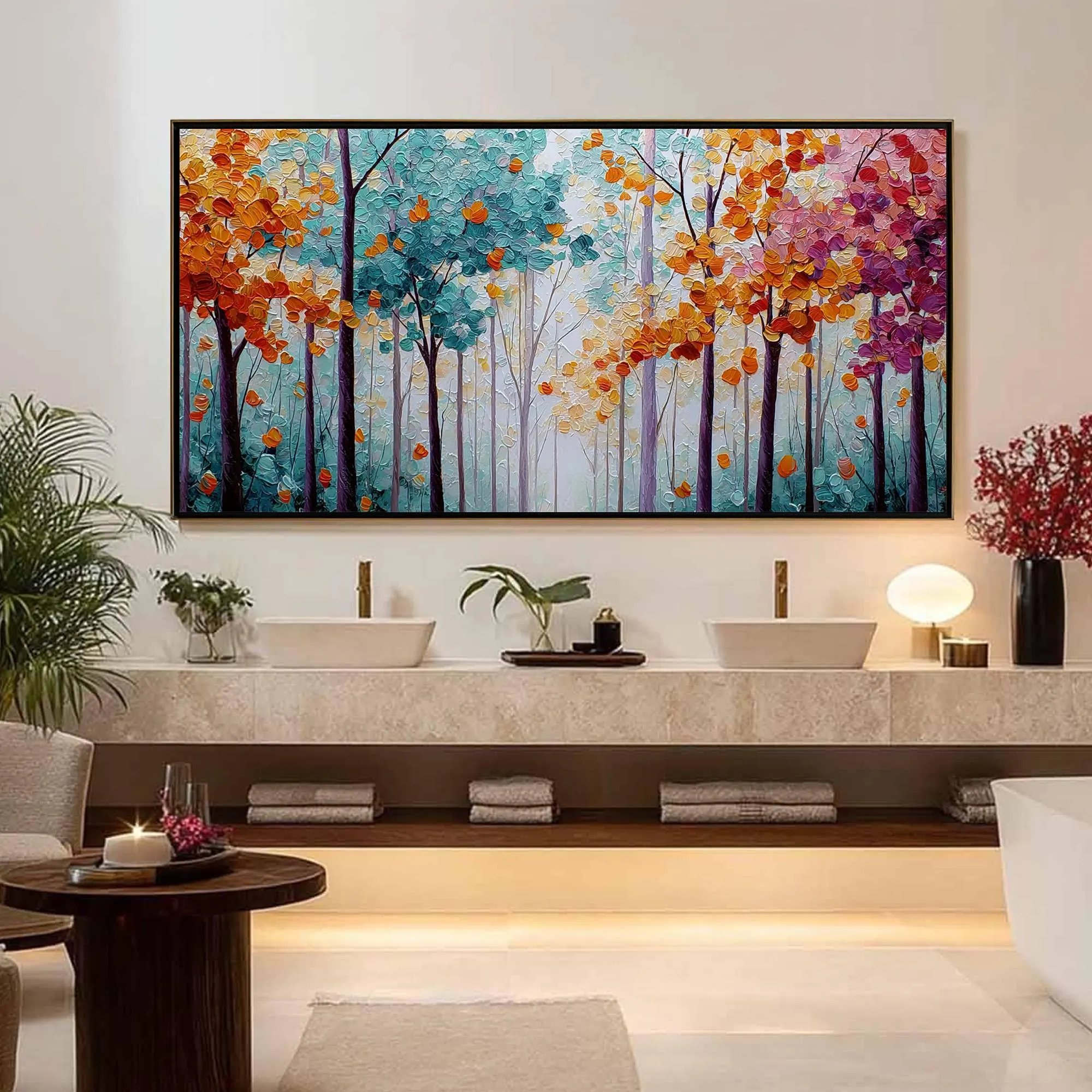 Large-Scale Birch Tree Oil Painting - Colorful Autumn Leaves Wall Art