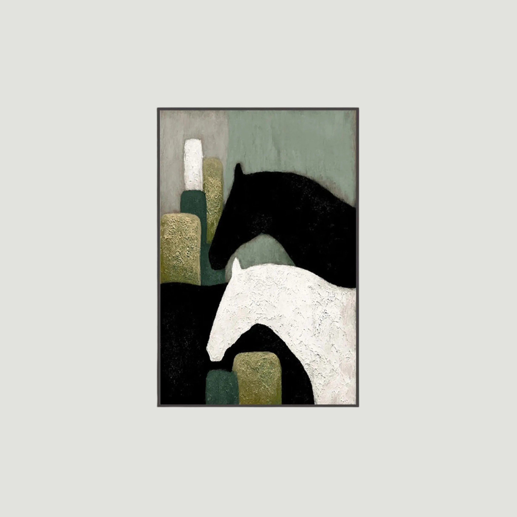 Oil Painting of a Horse with Black and White Textures - Farmhouse Wall Art