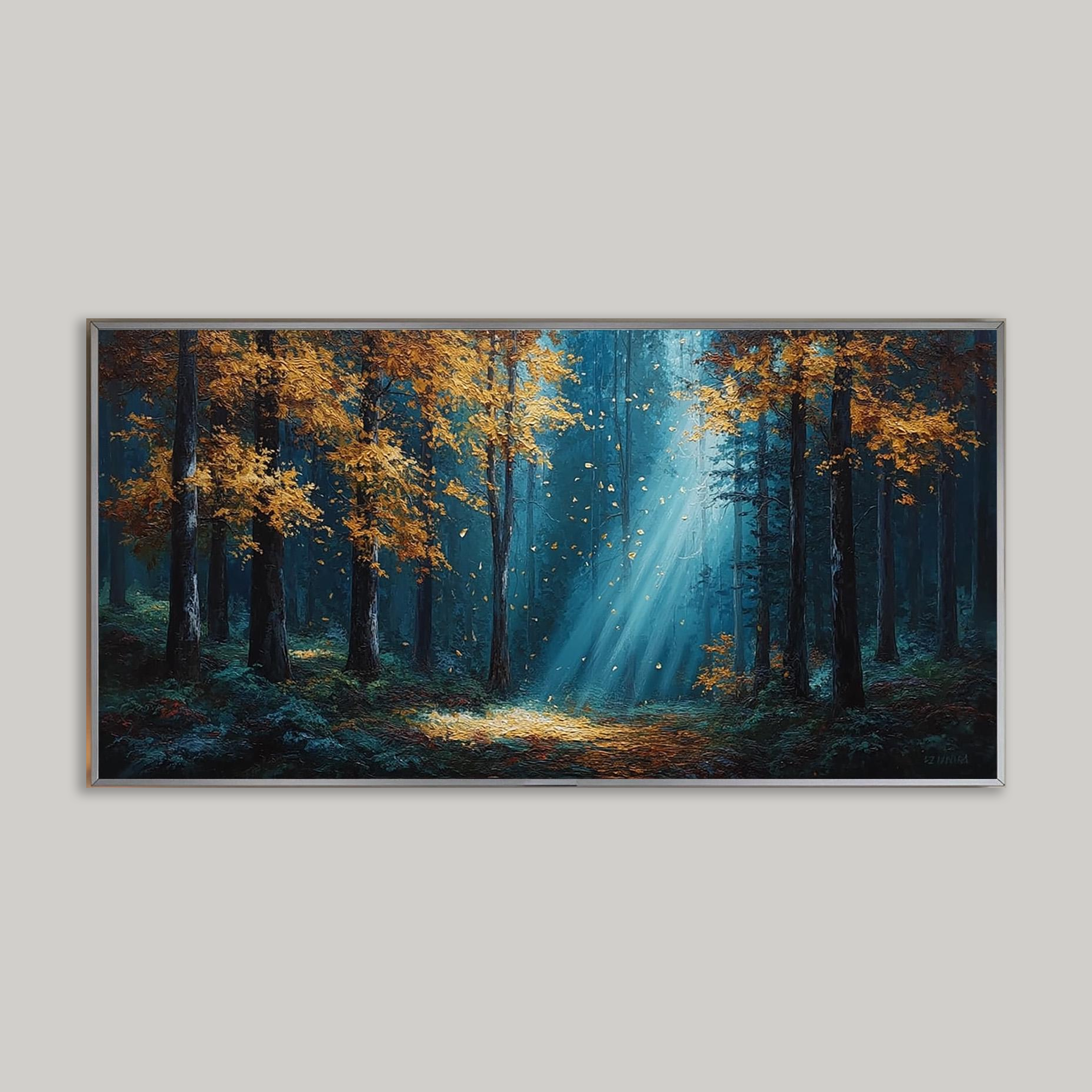 Forest Oil Painting - A Textured Landscape of Trees Bathed in Golden Autumn Sunlight