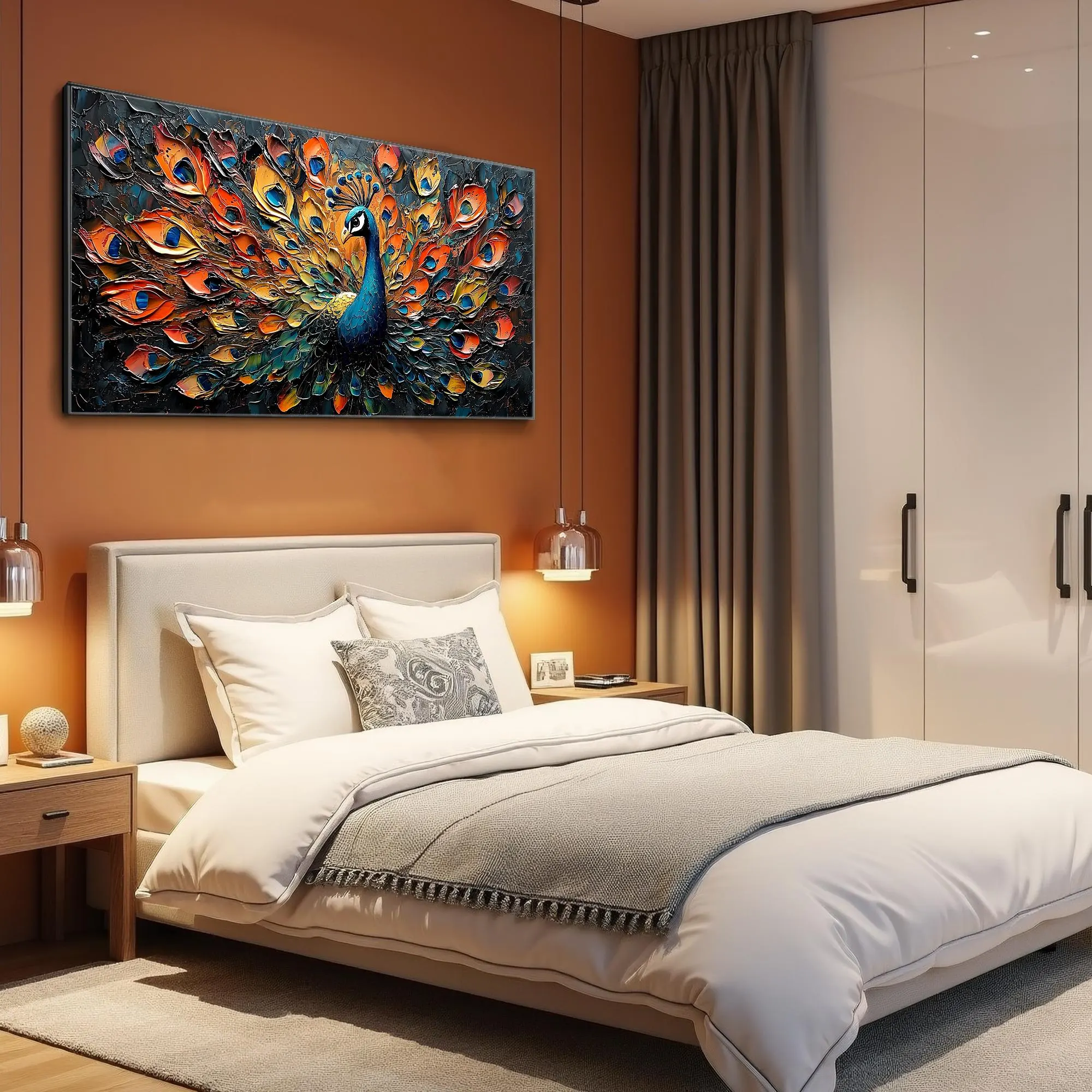 Vibrantly Colored 3D Abstract Peacock Oil Painting - Large-Scale Canvas Wall Art