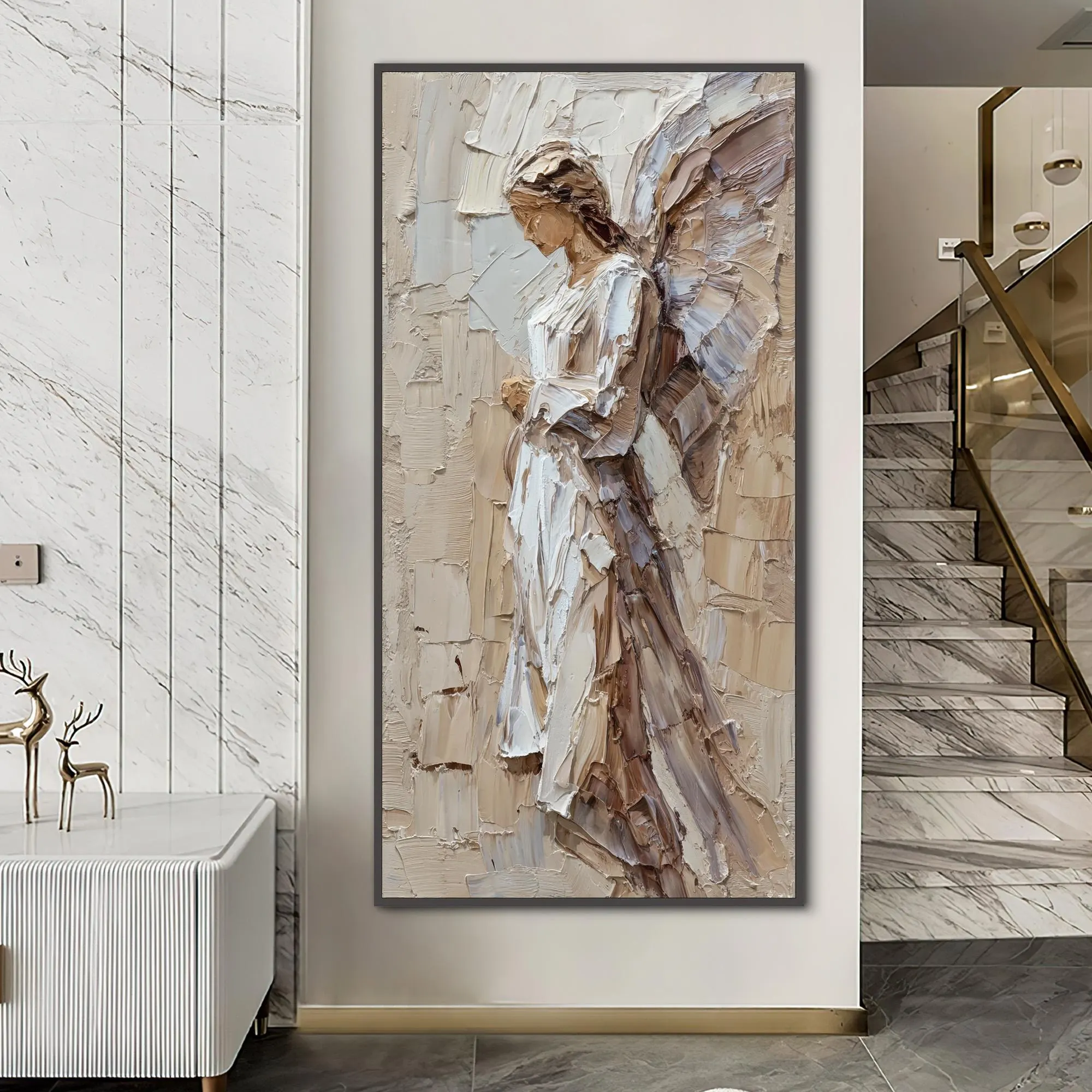 Guardian Angel Large Impasto Oil Painting-Style Wall Art -  Neutral-Toned Artwork