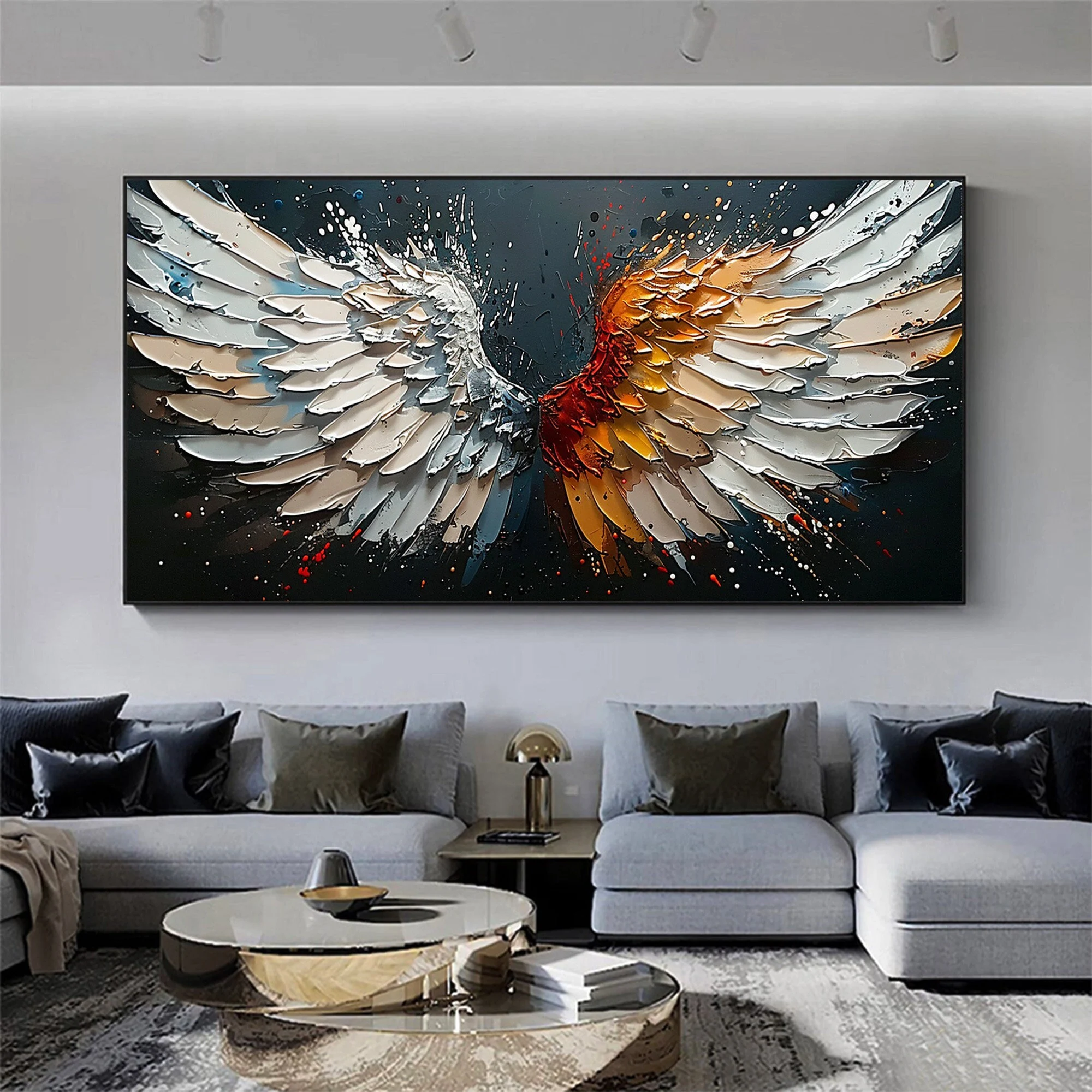 3D White and Orange Abstract Angel Wings Oil Painting - Large-Scale Wall Art
