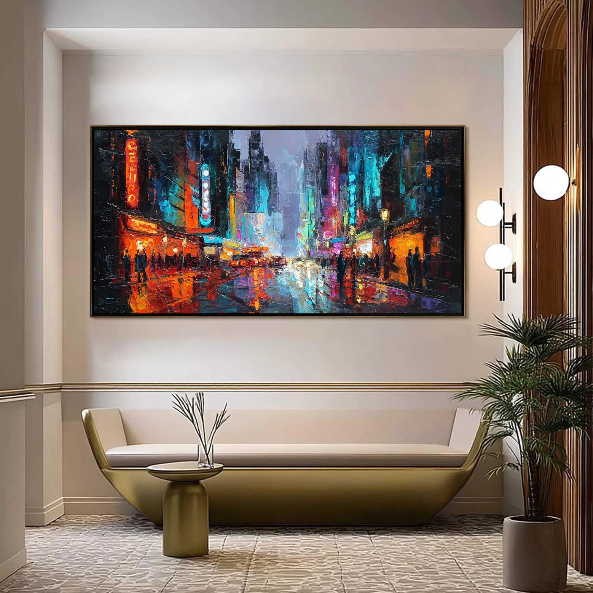 Abstract Neon City Rainy Night Textured Oil Painting - Modern Streetscape Canvas Art