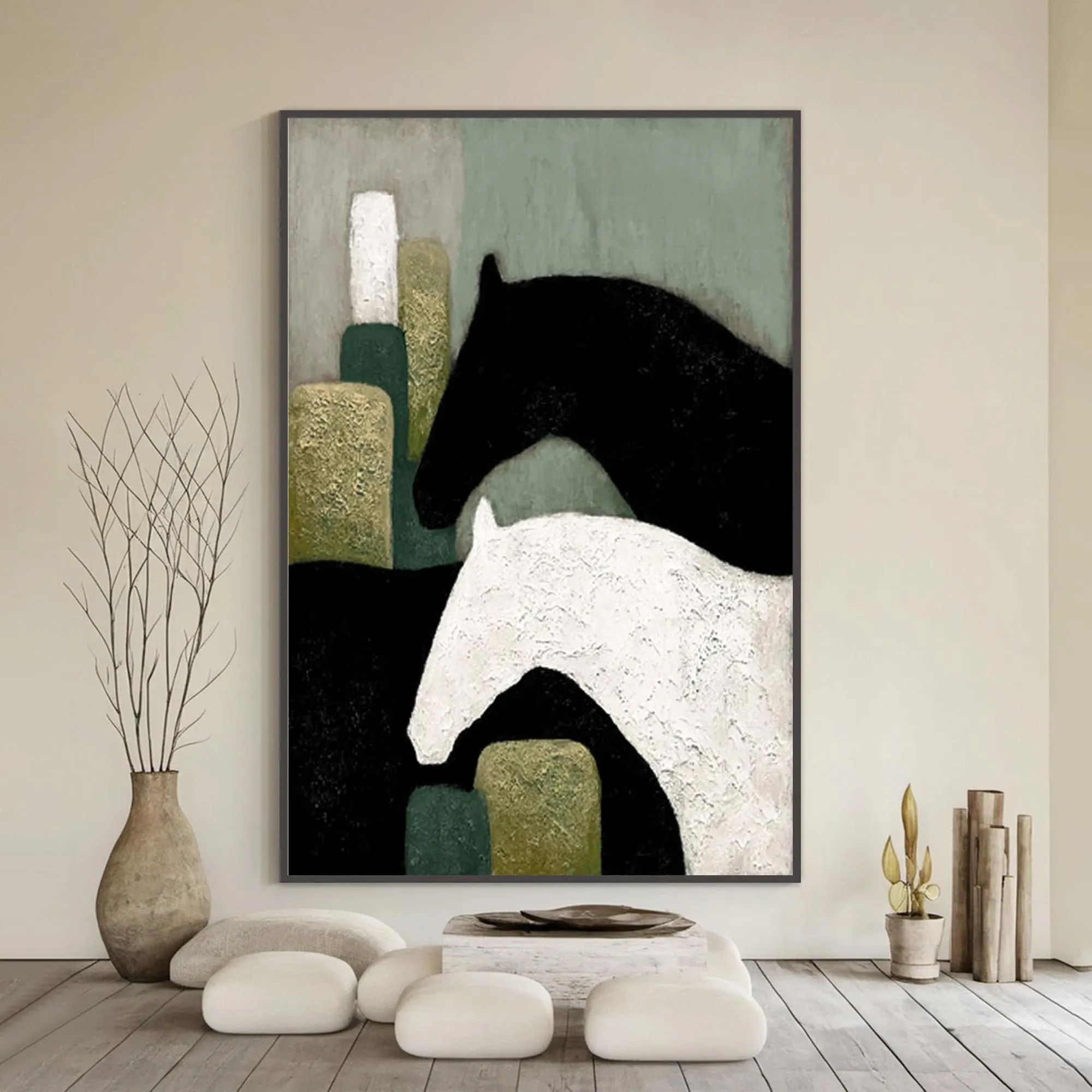 Oil Painting of a Horse with Black and White Textures - Farmhouse Wall Art