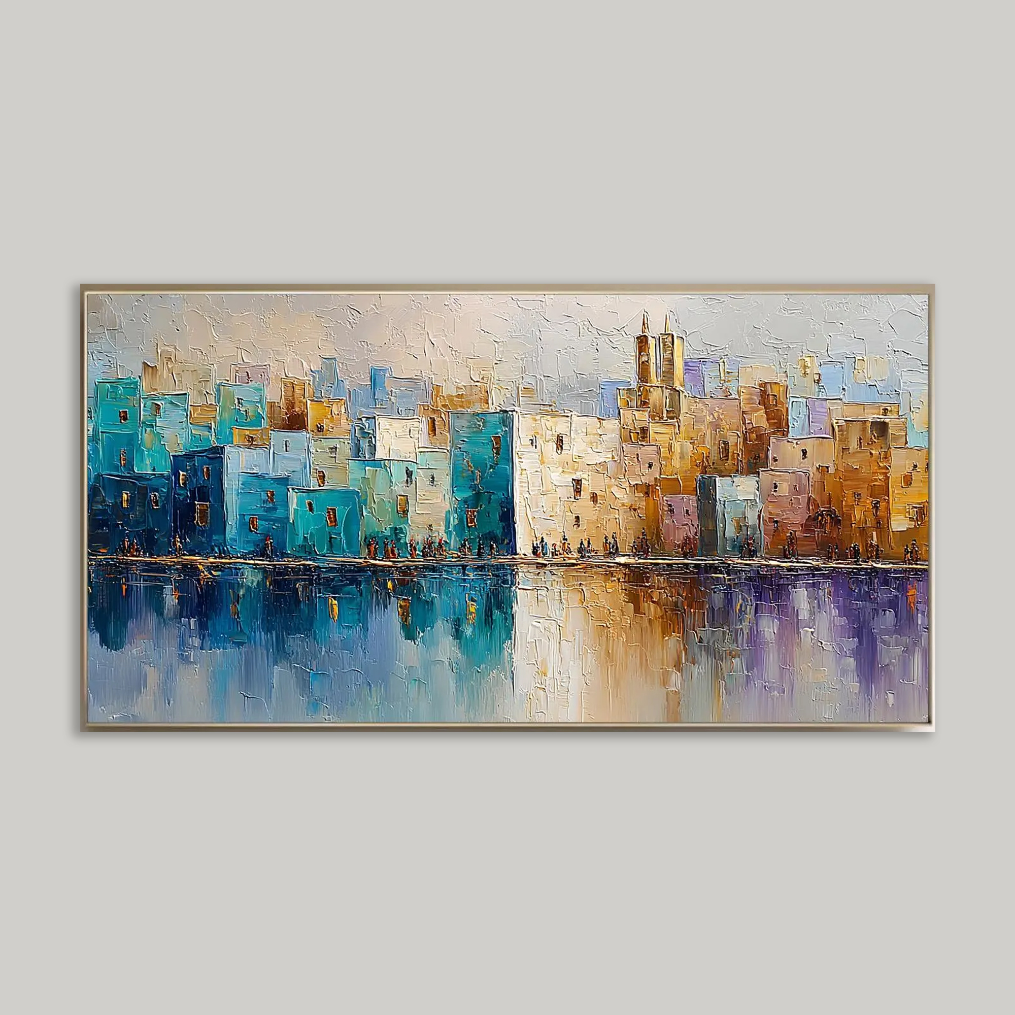 Vibrant Waterside Cityscape Painting, Colorful European Architecture with Mirror Lake Reflection