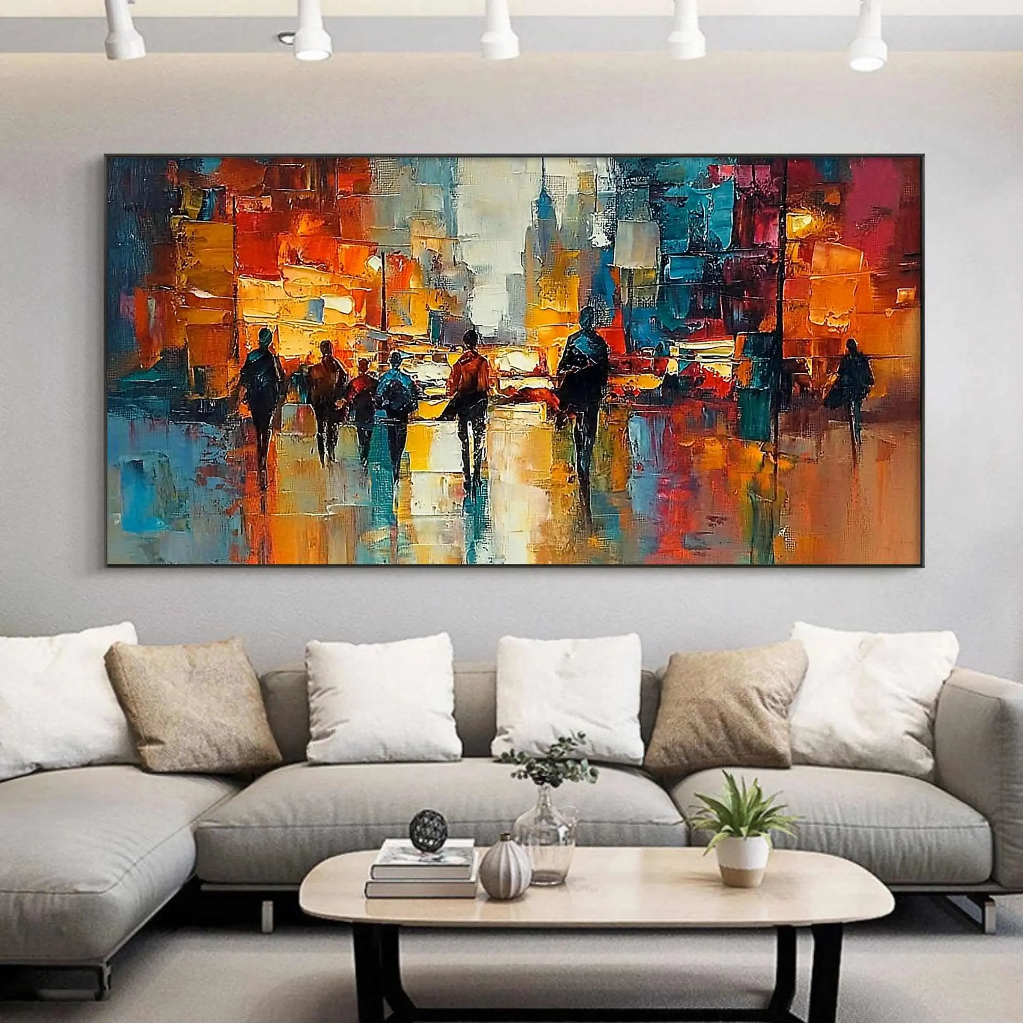 Vibrant Abstract Textured Cityscape Oil Painting, Large Impasto Colorful Wall Art