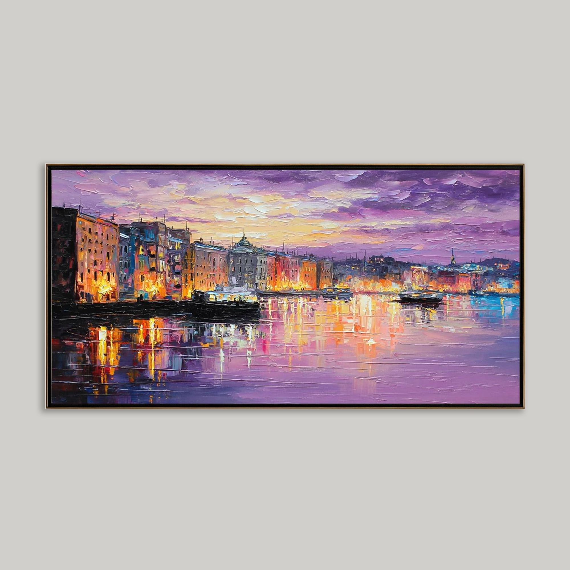 Dreamy Coastal City Nightscape Oil Painting - Purple Sky Waterfront Art Decor