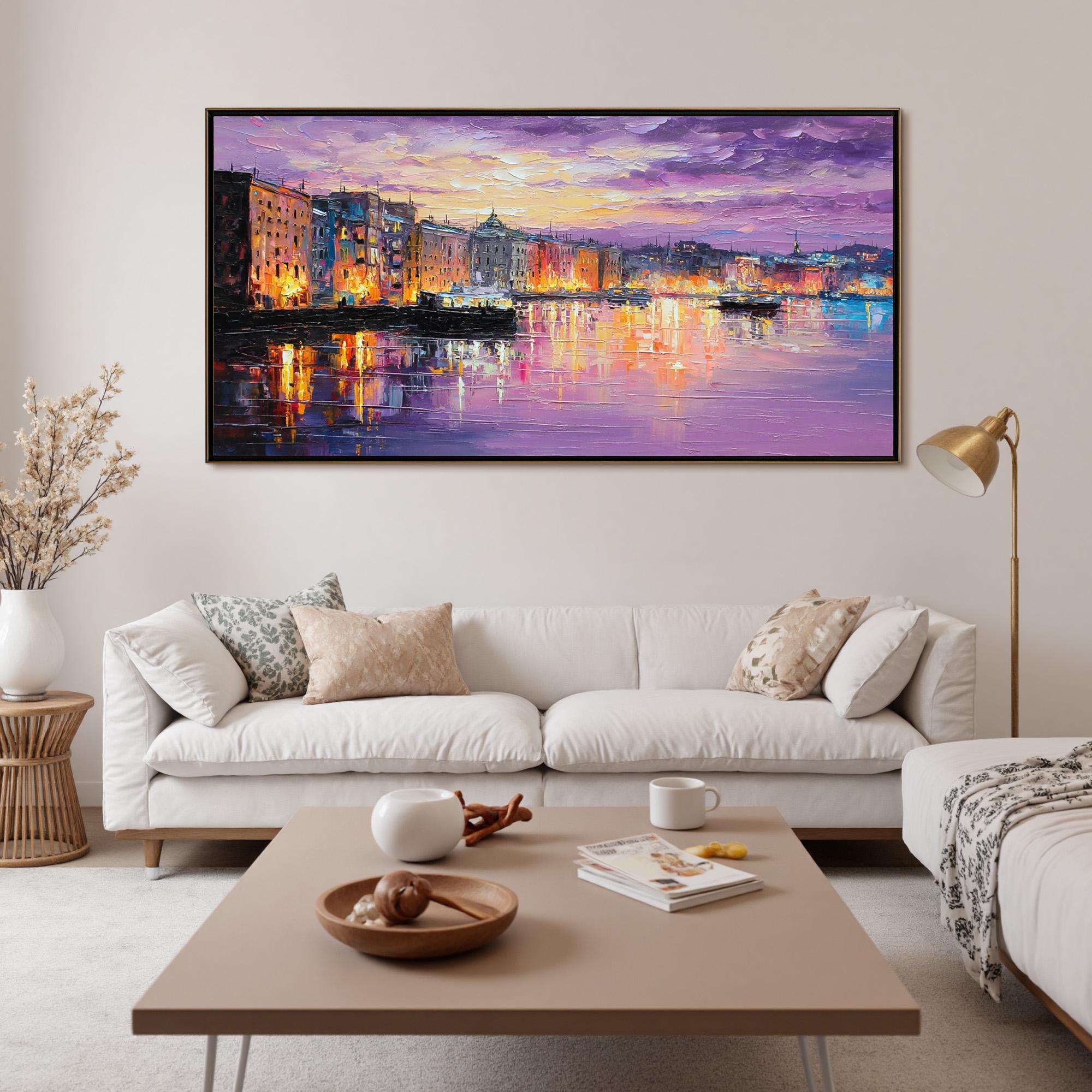 Dreamy Coastal City Nightscape Oil Painting - Purple Sky Waterfront Art Decor