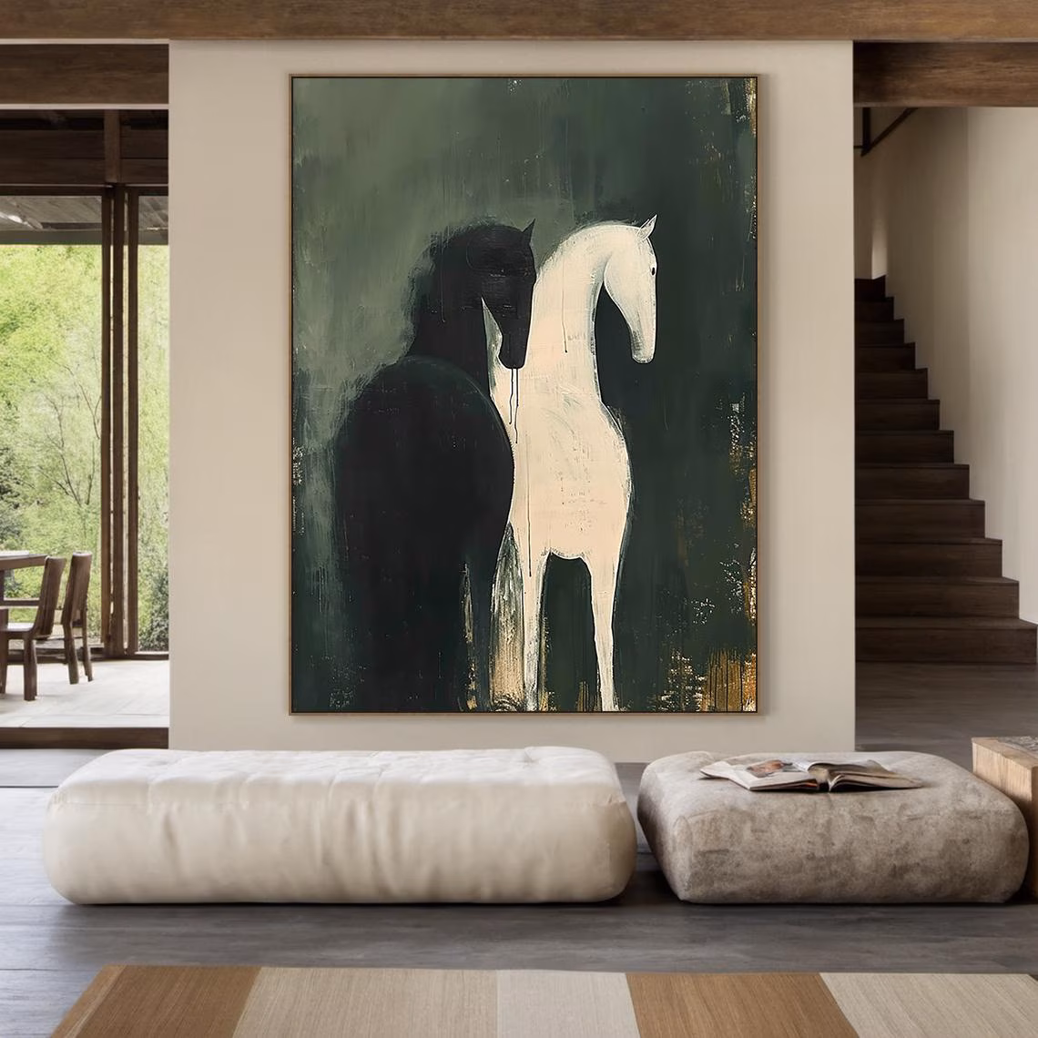 Abstract Black and White Horse Head Oil Painting - Modern Minimalist Animal Wall Art